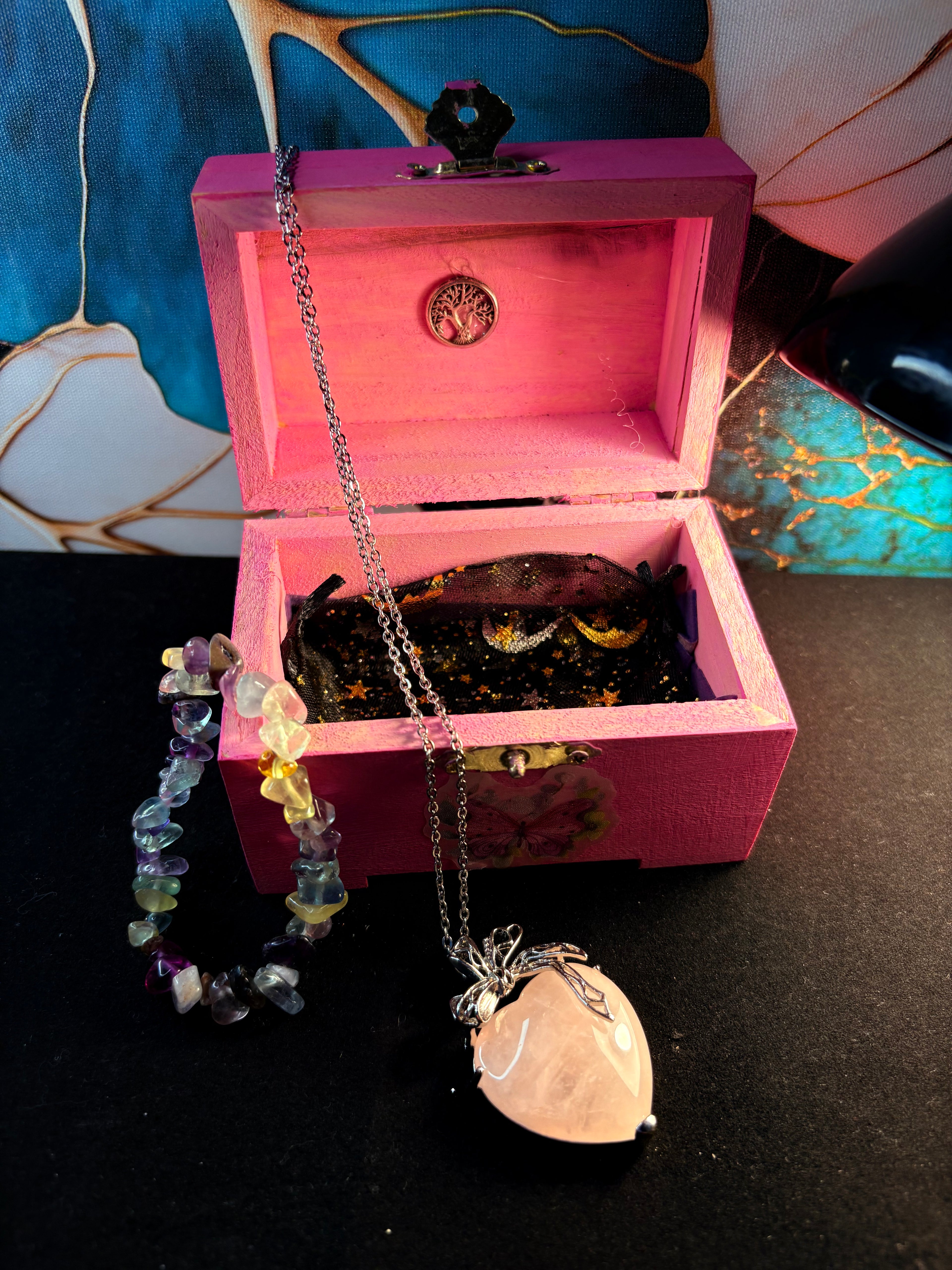 🌸 Rose Quartz Heart Necklace Gift Set – Handmade Crystal Box