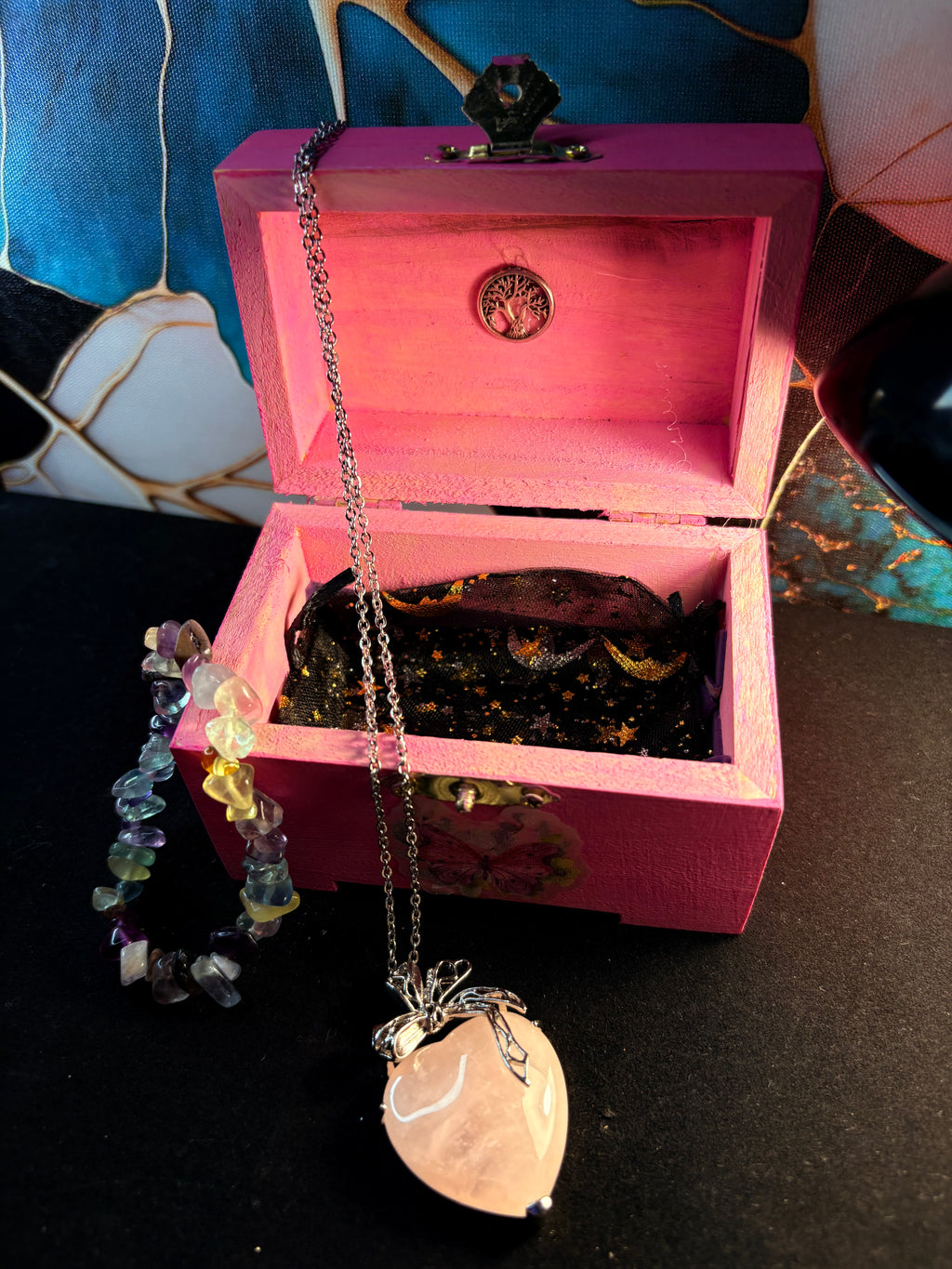 🌸 Rose Quartz Heart Necklace Gift Set – Handmade Crystal Box