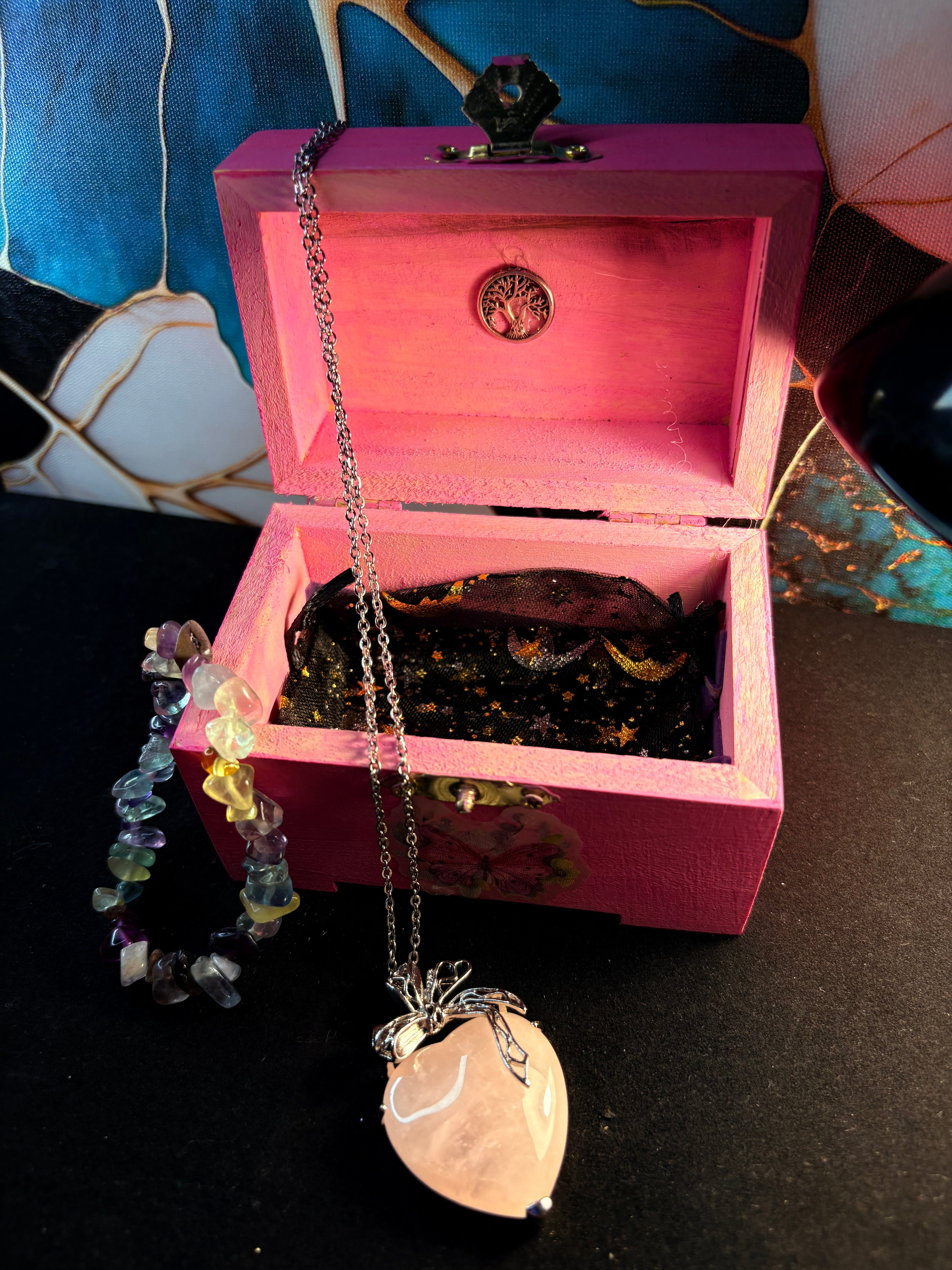 🌸 Rose Quartz Heart Necklace Gift Set – Handmade Crystal Box
