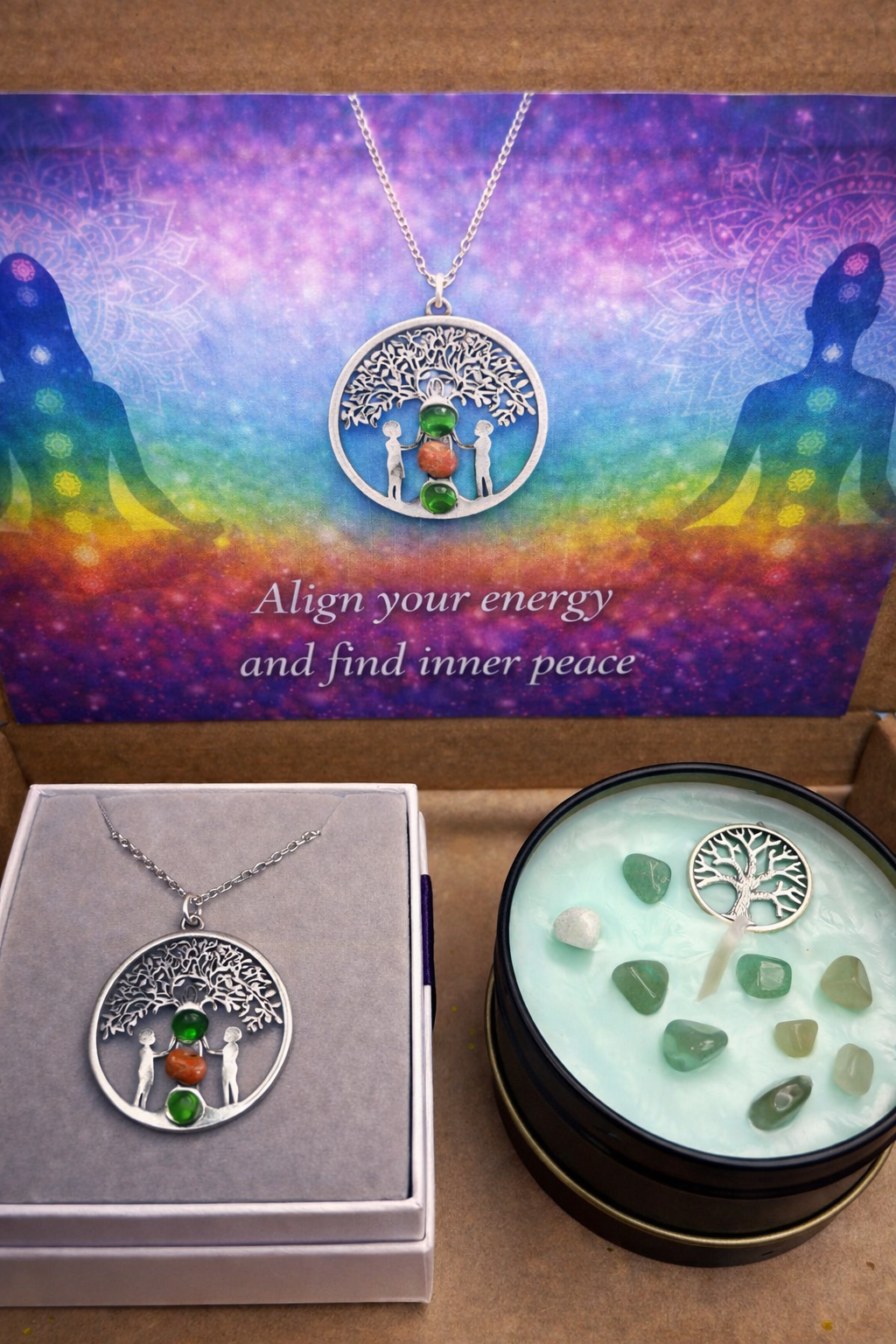 Tree of Life Chakra Necklace & Green Crystal Candle