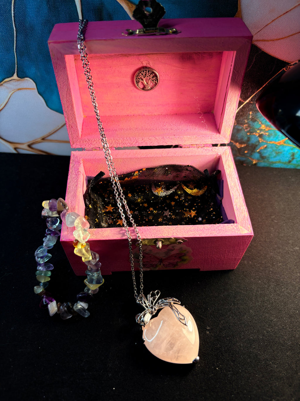 🌸 Rose Quartz Heart Necklace Gift Set – Handmade Crystal Box