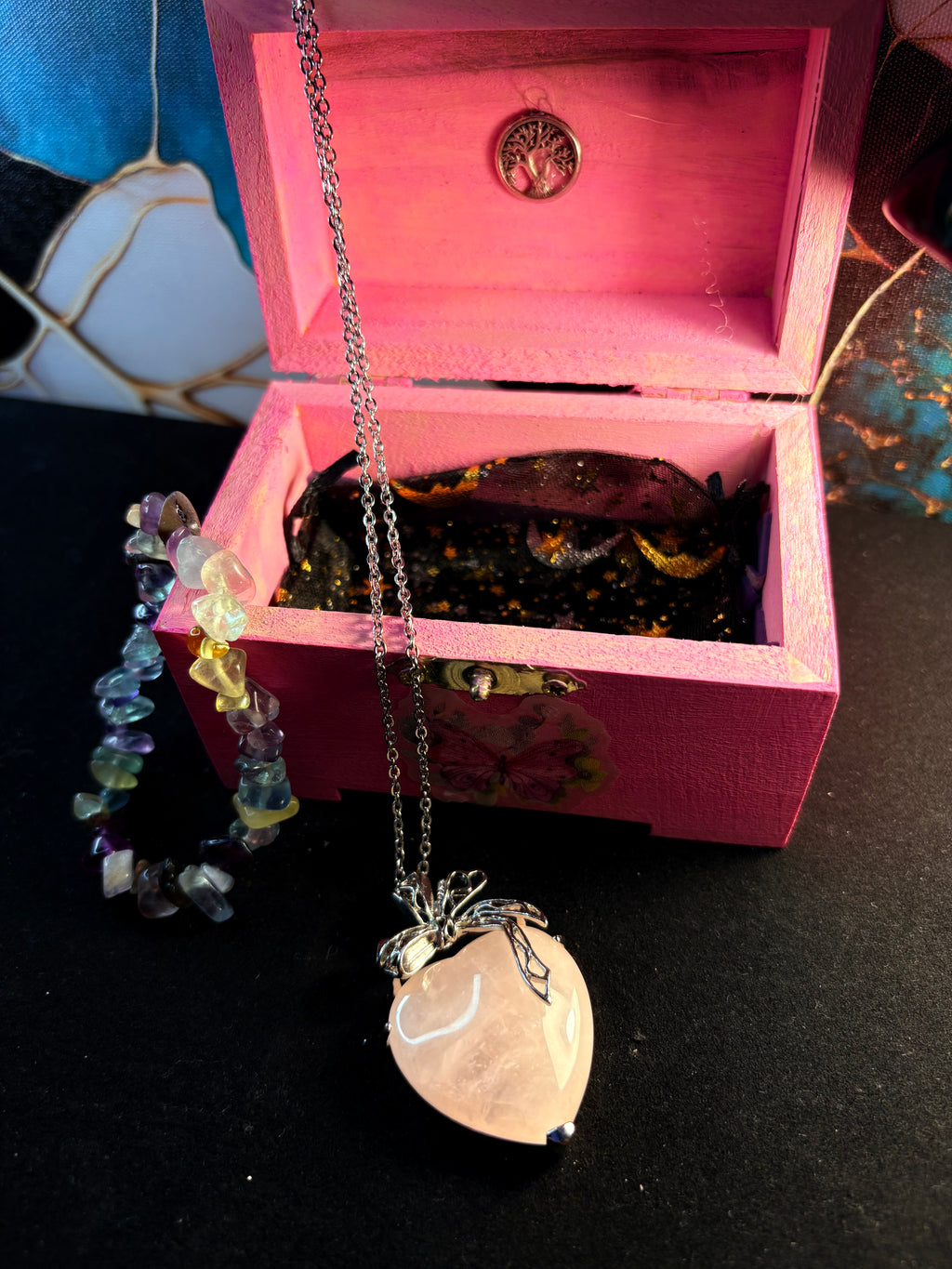 🌸 Rose Quartz Heart Necklace Gift Set – Handmade Crystal Box