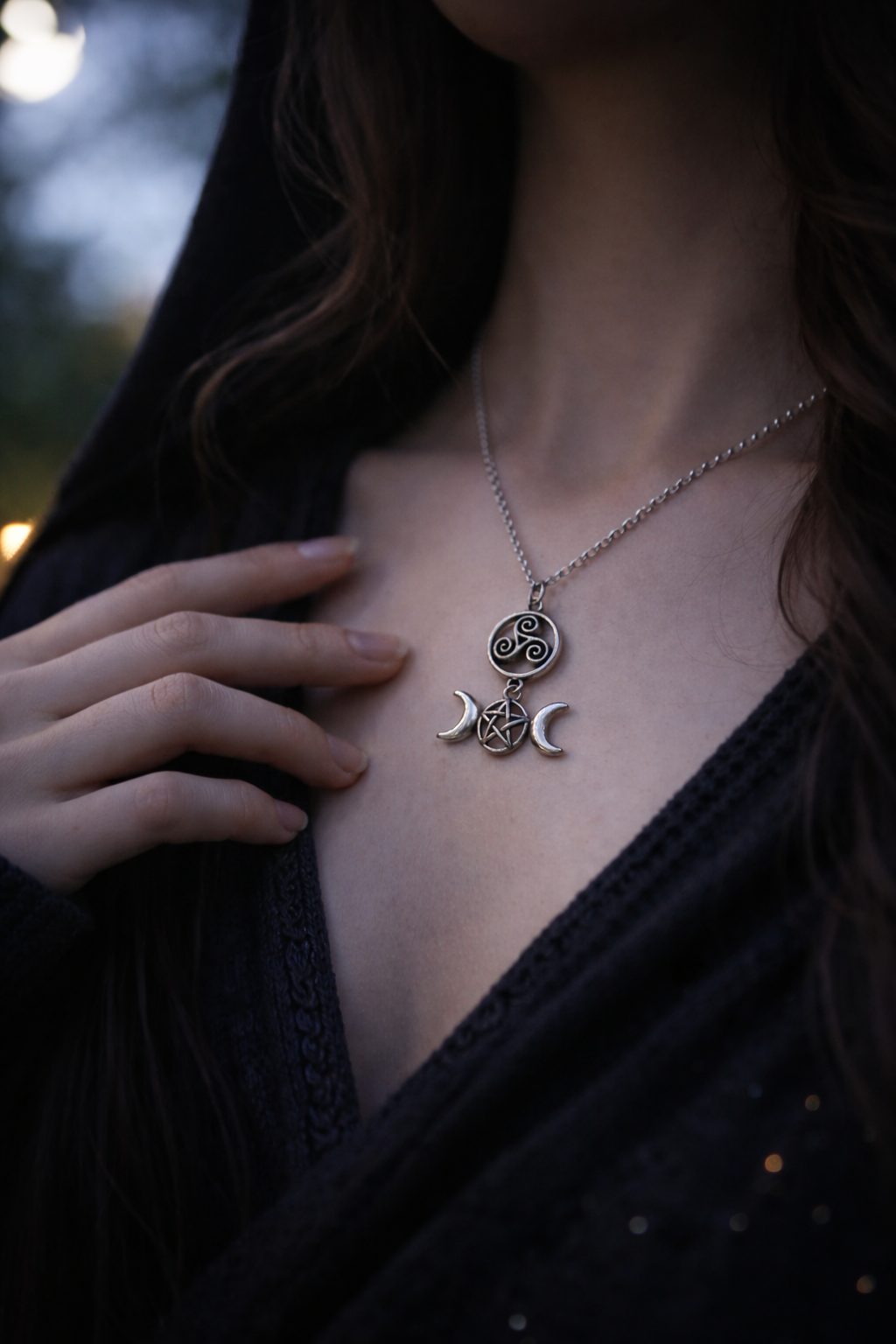 Triple Moon Triskelion Necklace – Pagan Protection & Lunar Symbolism