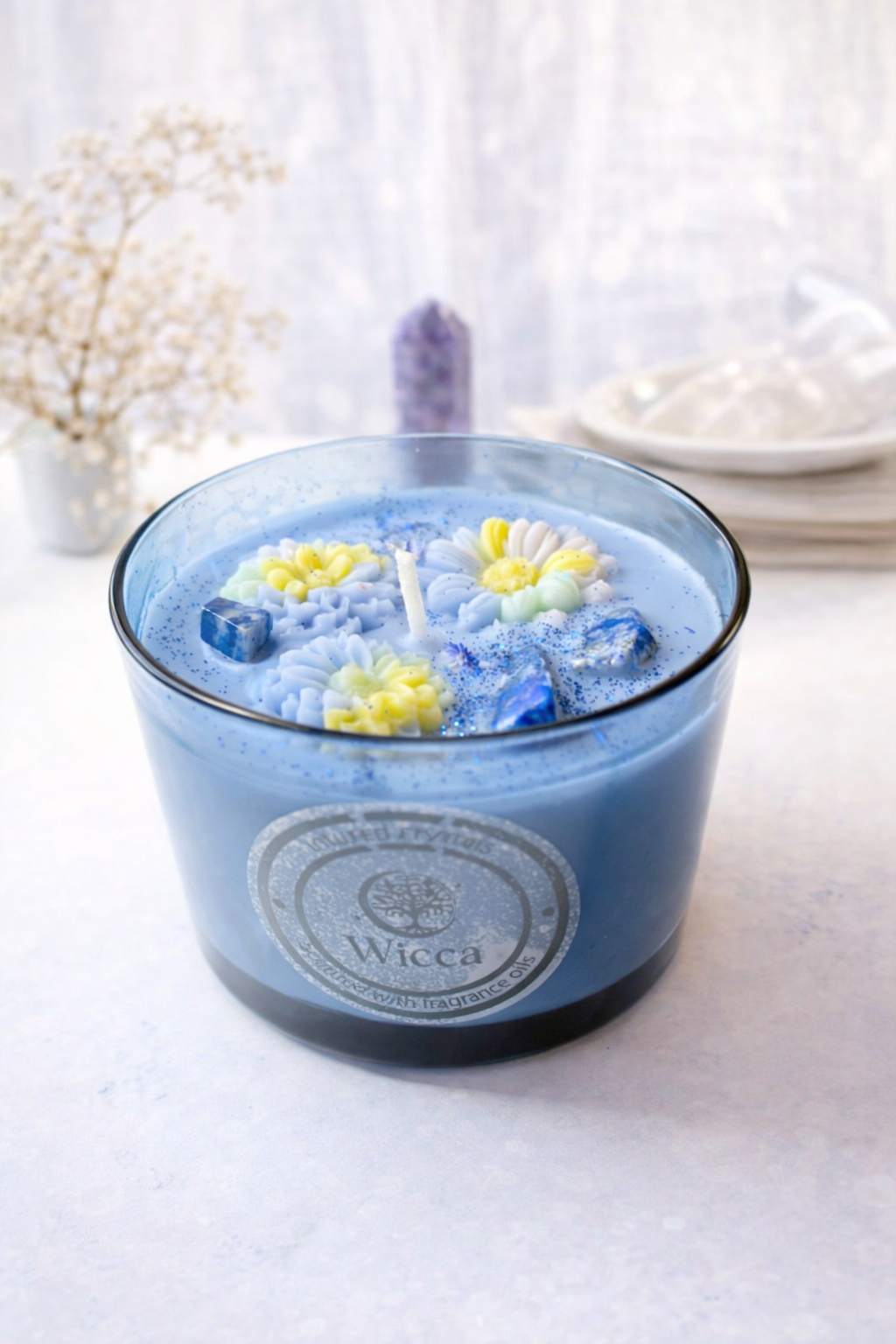 Lapis Lazuli Crystal Soy Candle – Blue Floral | Handmade | 7oz