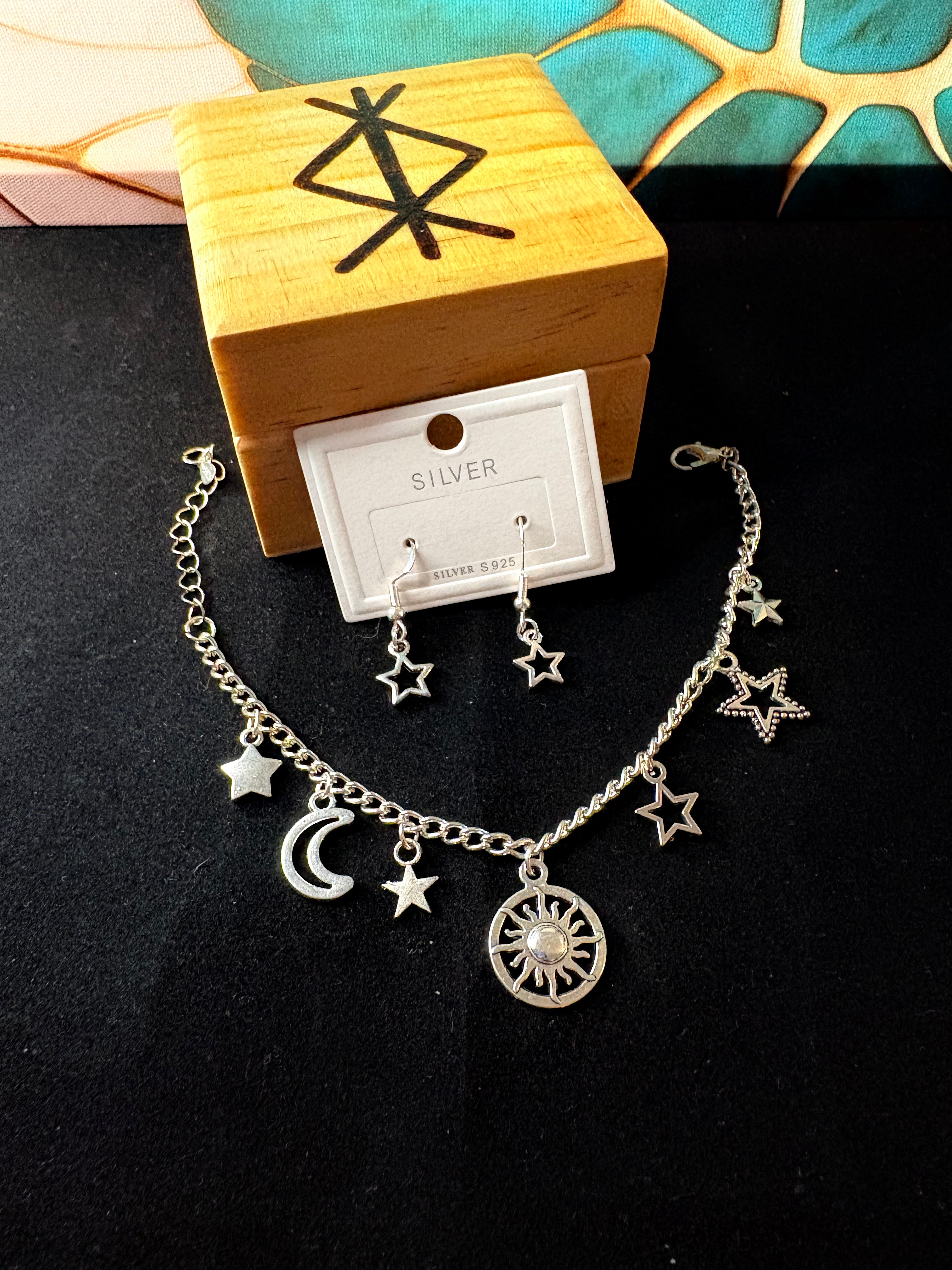 Celestial Silver S925 Bracelet & Earrings Set – Rune Witch Box Gift