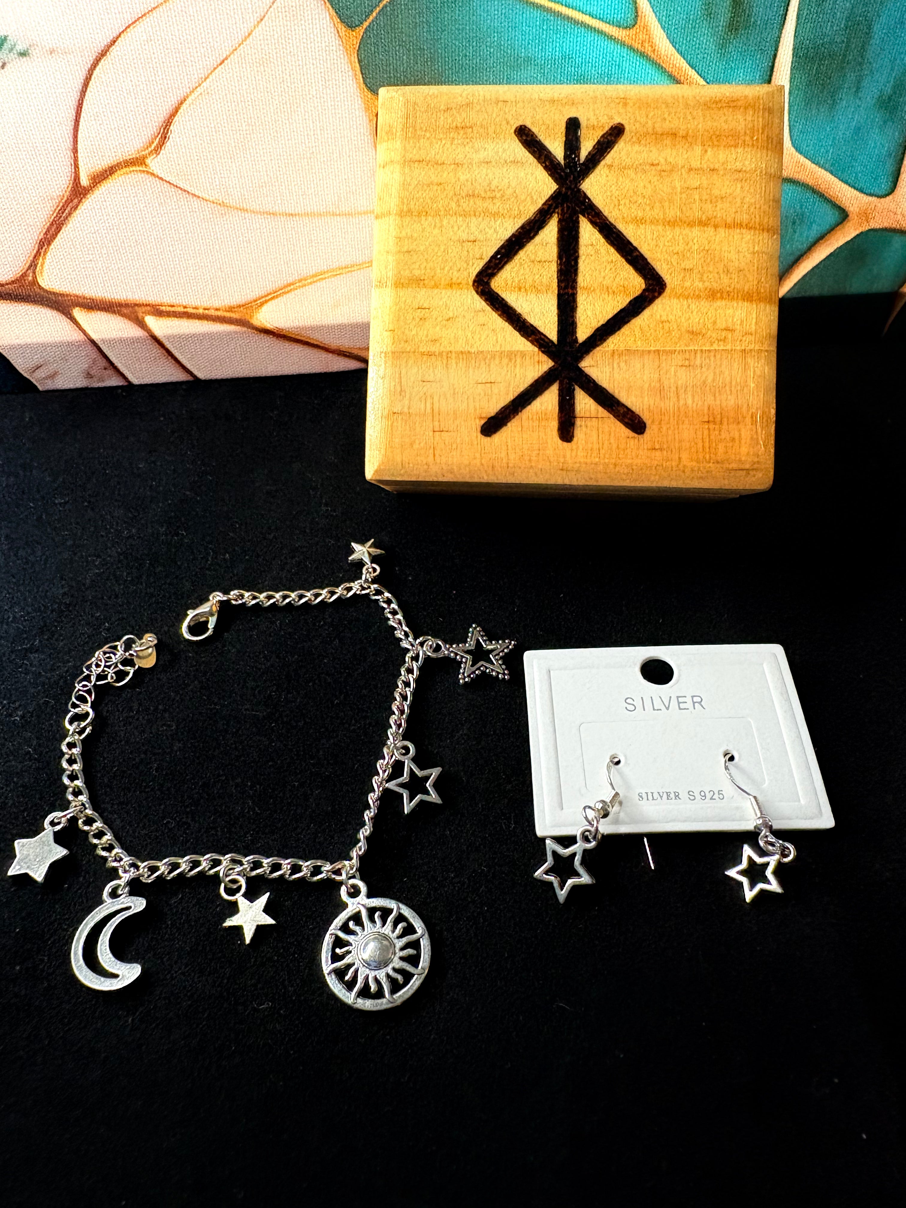 Celestial Silver S925 Bracelet & Earrings Set – Rune Witch Box Gift