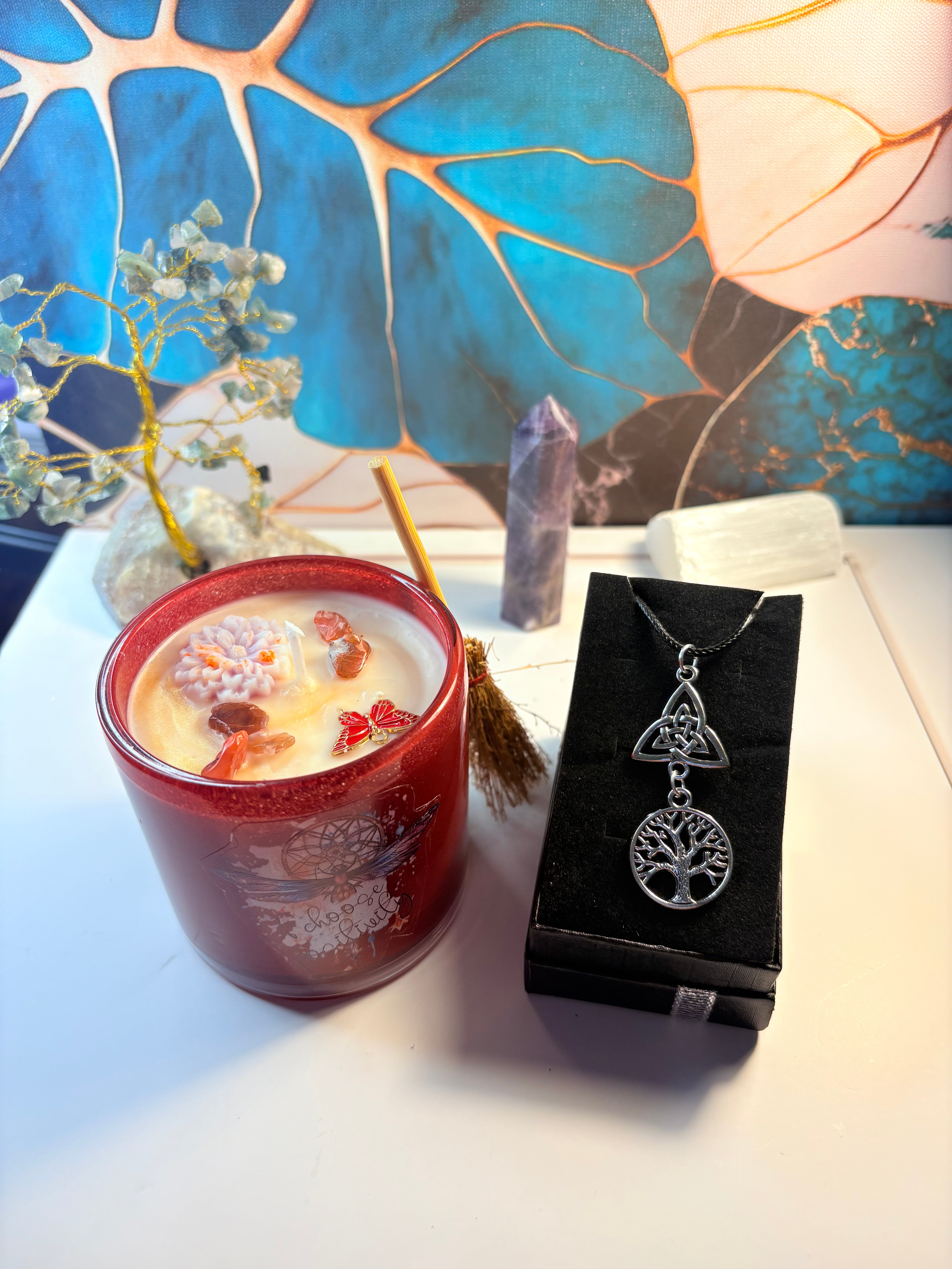 🌙 Sacred Harmony Gift Set – Crystal Candle & Tree of Life Necklace