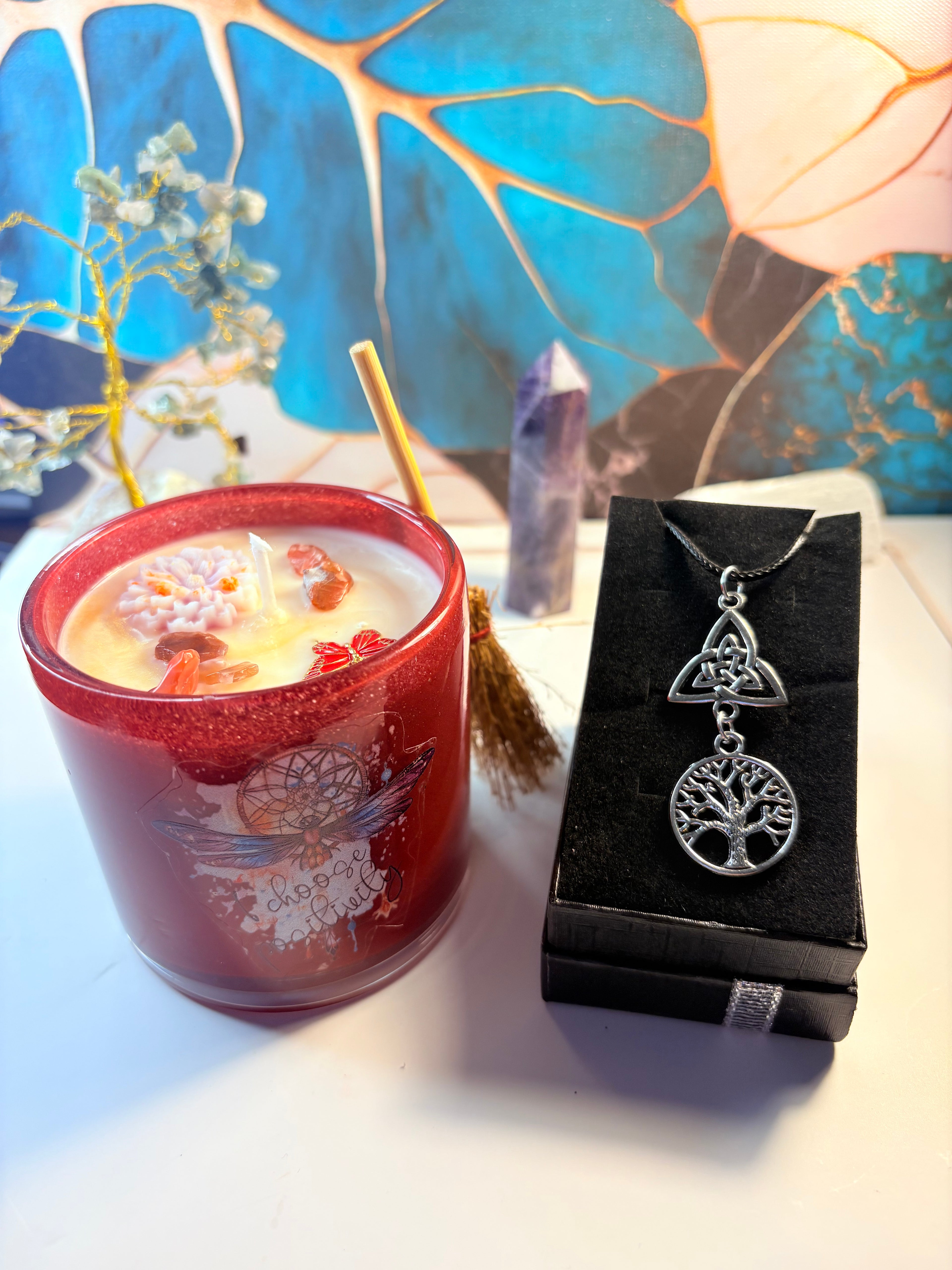 🌙 Sacred Harmony Gift Set – Crystal Candle & Tree of Life Necklace