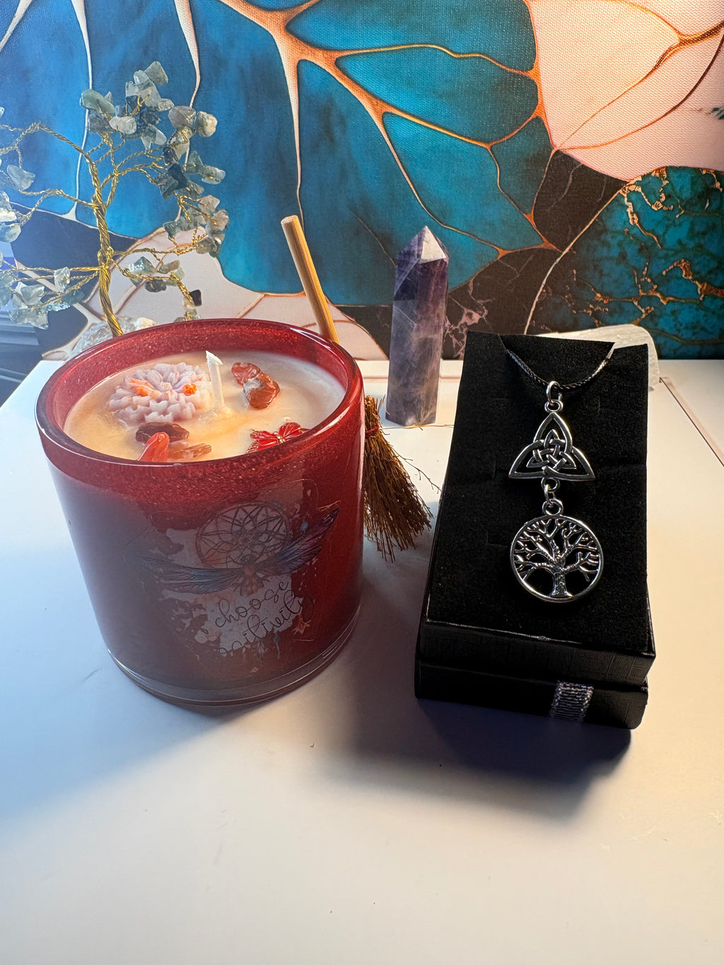 🌙 Sacred Harmony Gift Set – Crystal Candle & Tree of Life Necklace