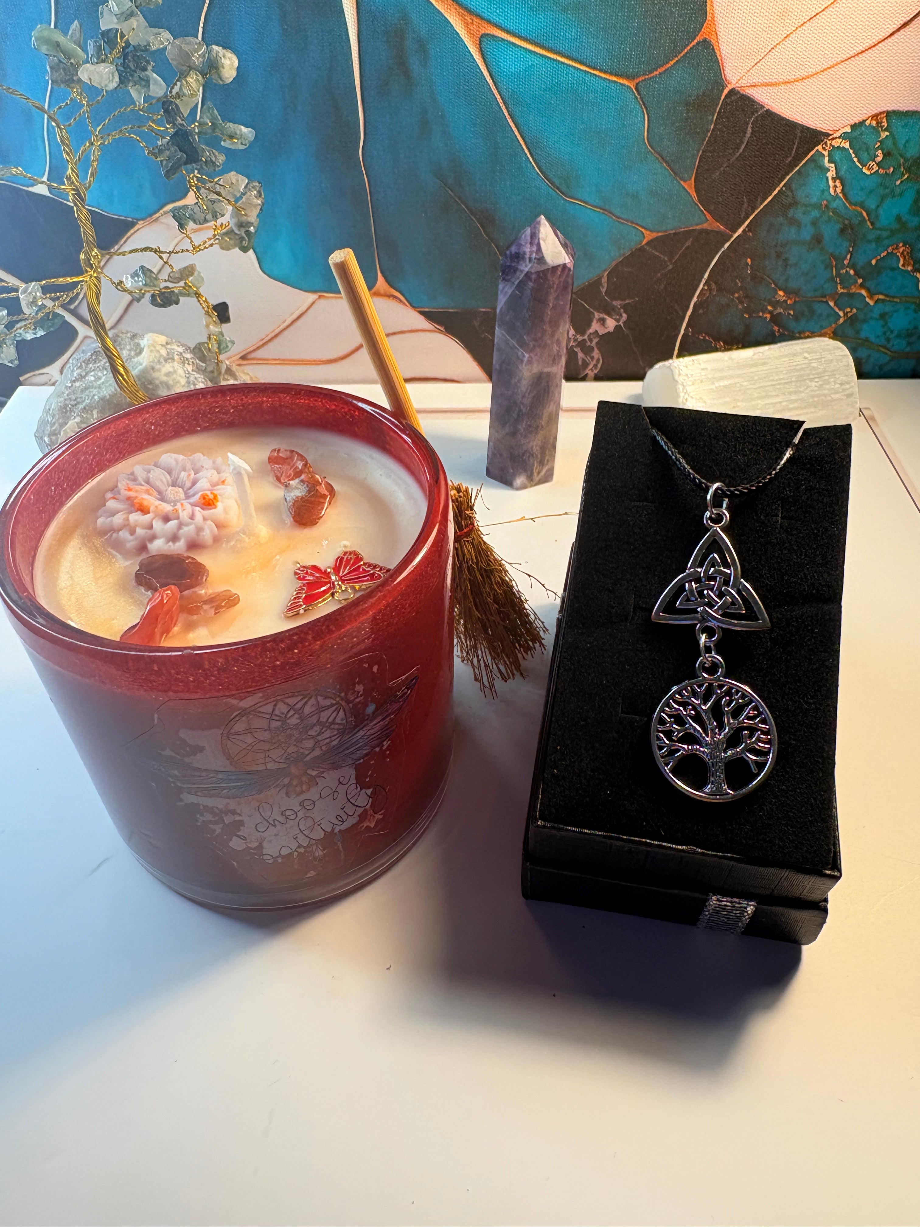 🌙 Sacred Harmony Gift Set – Crystal Candle & Tree of Life Necklace