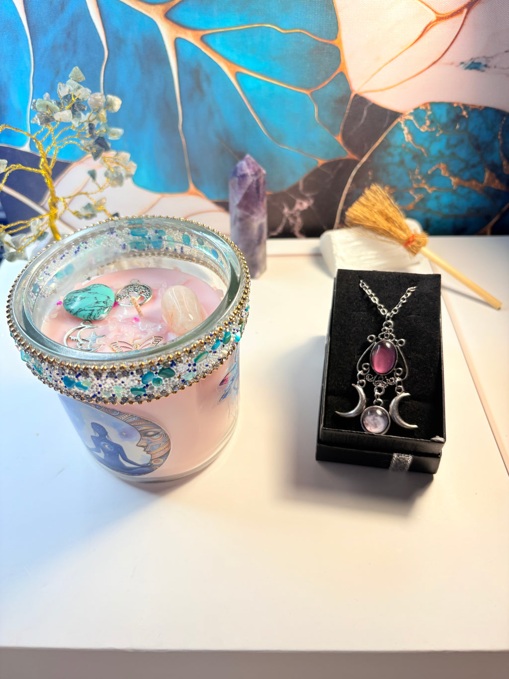 Moonlight Dragonfly Candle & Gemstone Necklace – Crystal Ritual Gift Set