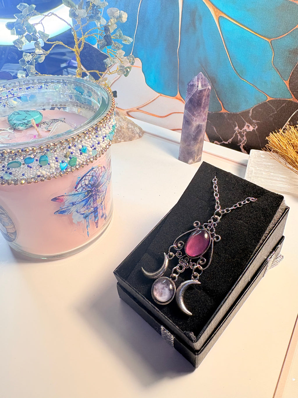 Moonlight Dragonfly Candle & Gemstone Necklace – Crystal Ritual Gift Set
