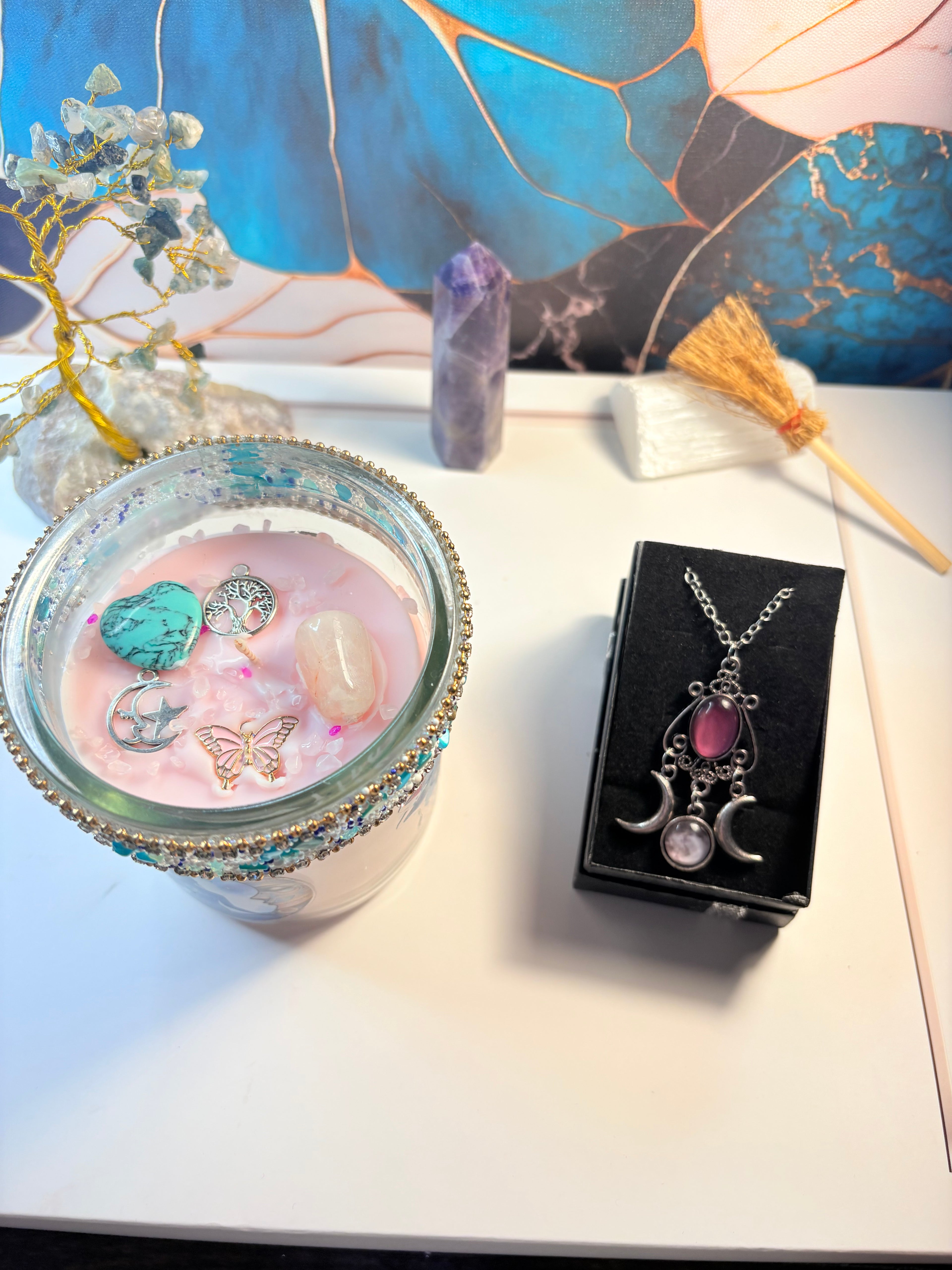 Moonlight Dragonfly Candle & Gemstone Necklace – Crystal Ritual Gift Set