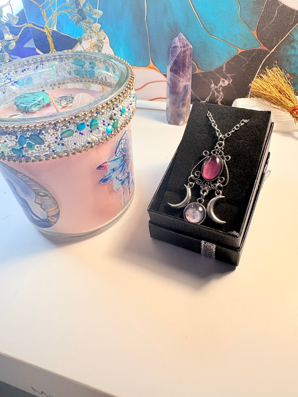 Moonlight Dragonfly Candle & Gemstone Necklace – Crystal Ritual Gift Set