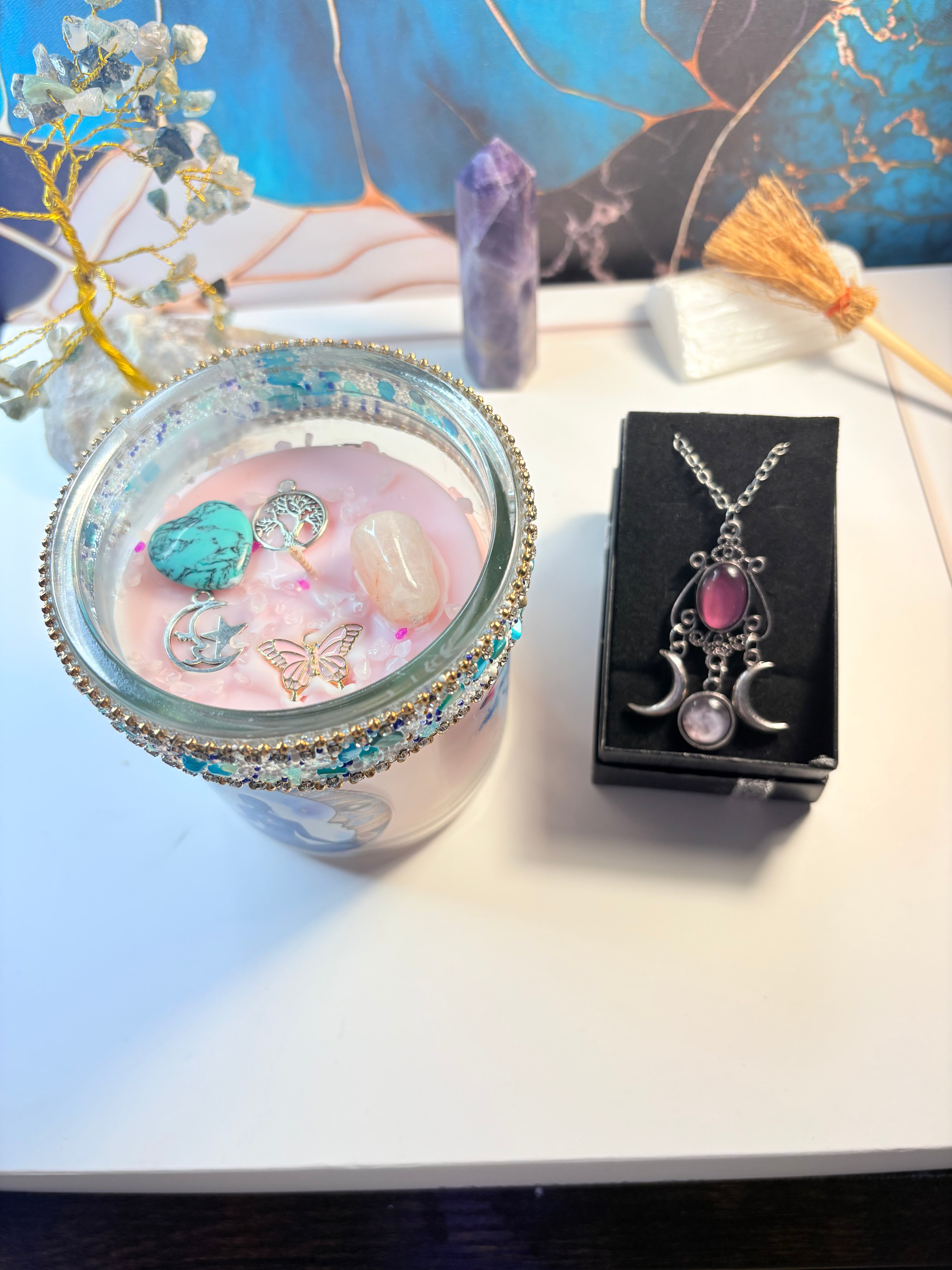 Moonlight Dragonfly Candle & Gemstone Necklace – Crystal Ritual Gift Set