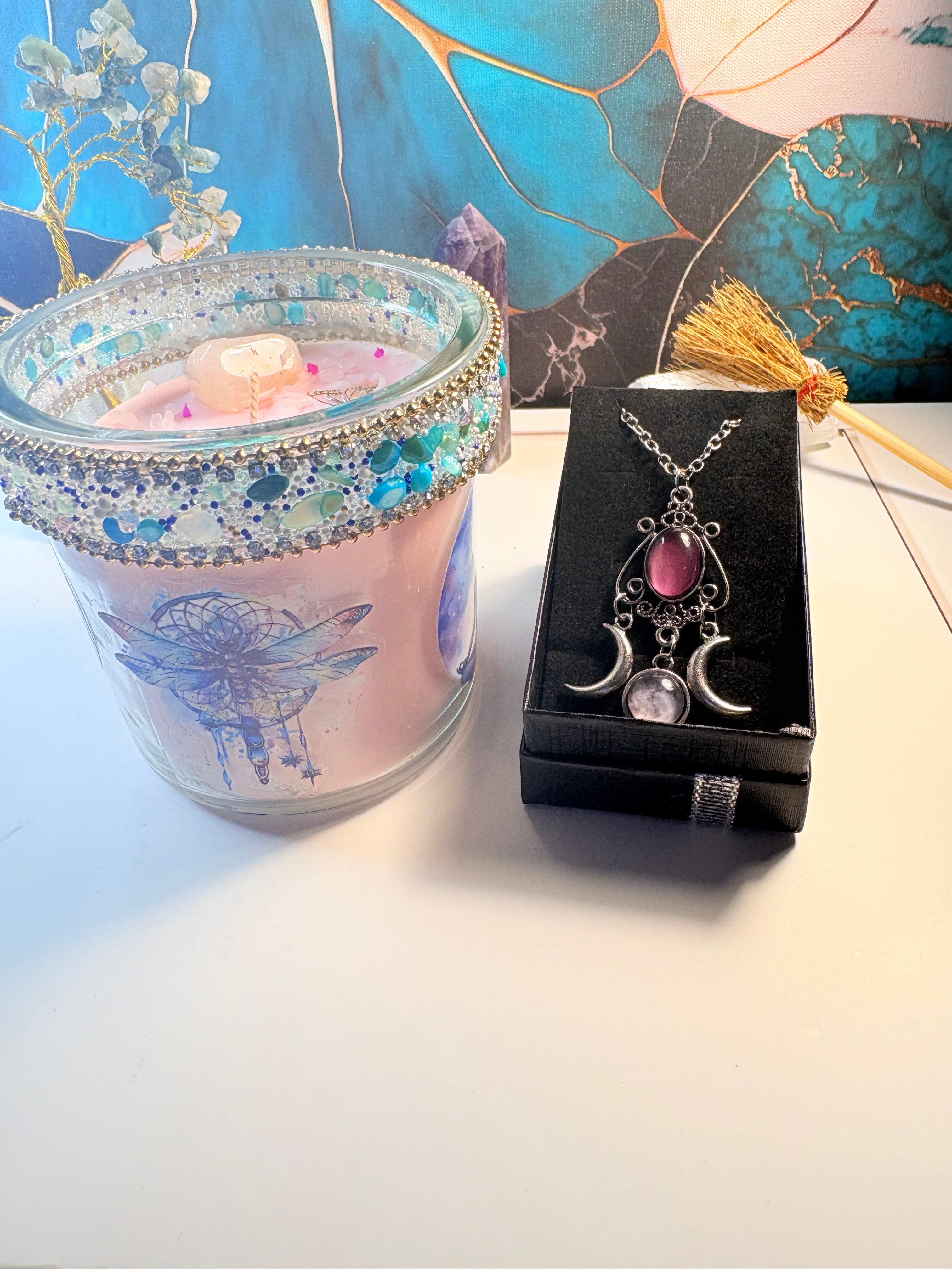 Moonlight Dragonfly Candle & Gemstone Necklace – Crystal Ritual Gift Set