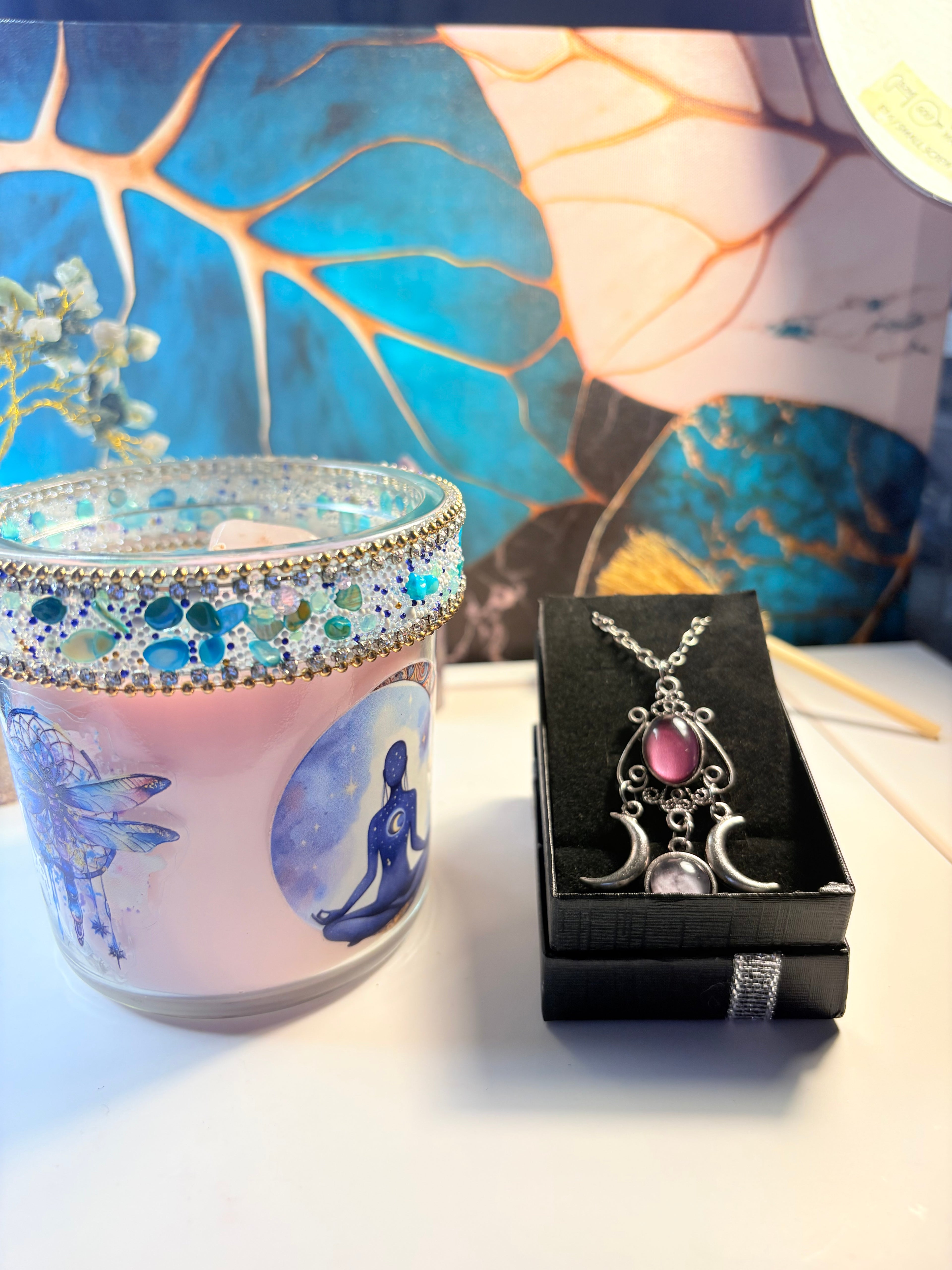 Moonlight Dragonfly Candle & Gemstone Necklace – Crystal Ritual Gift Set