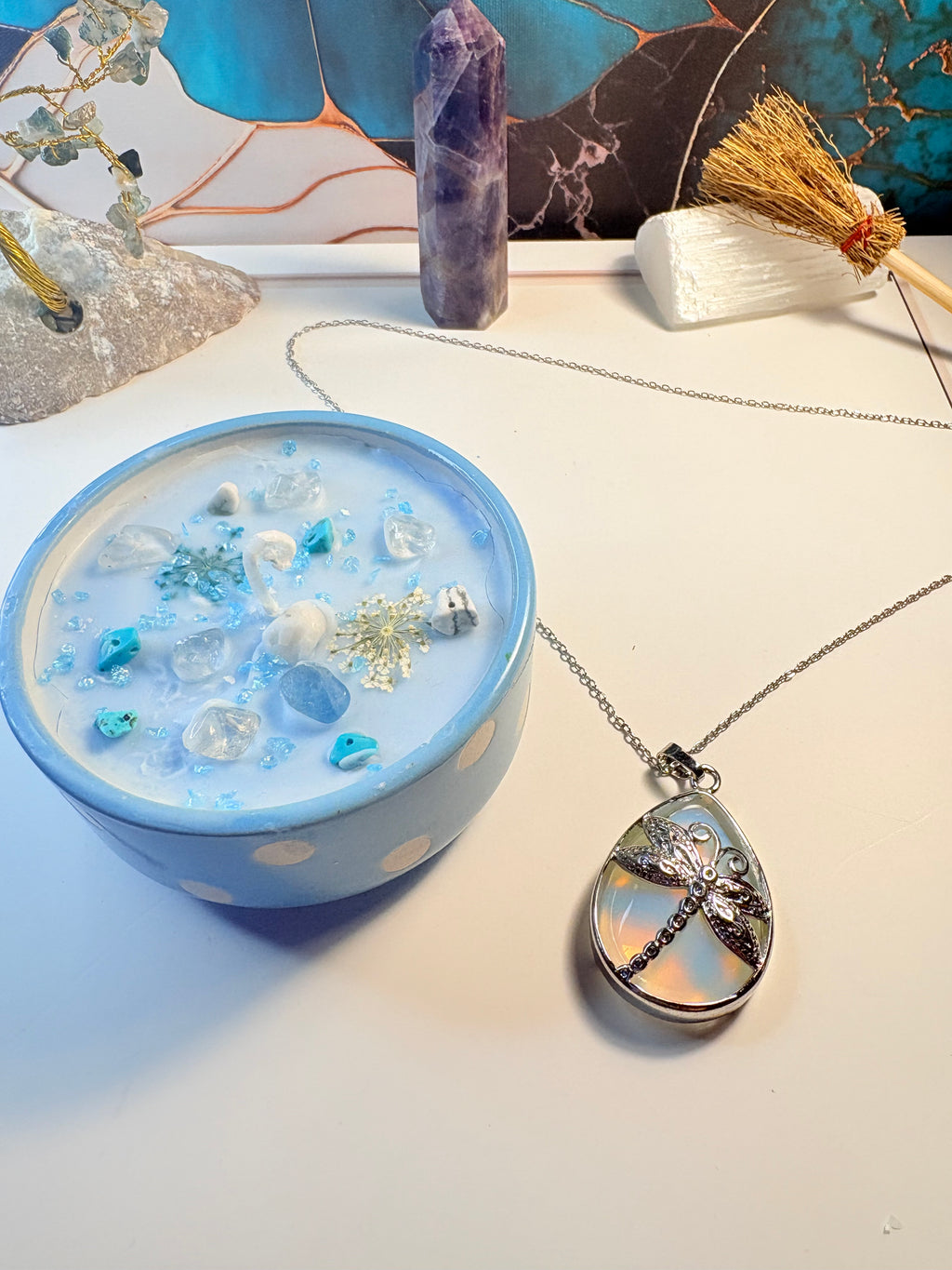 Opalite Dragonfly Necklace & Crystal-Infused Blue Candle – Spiritual Gift Set