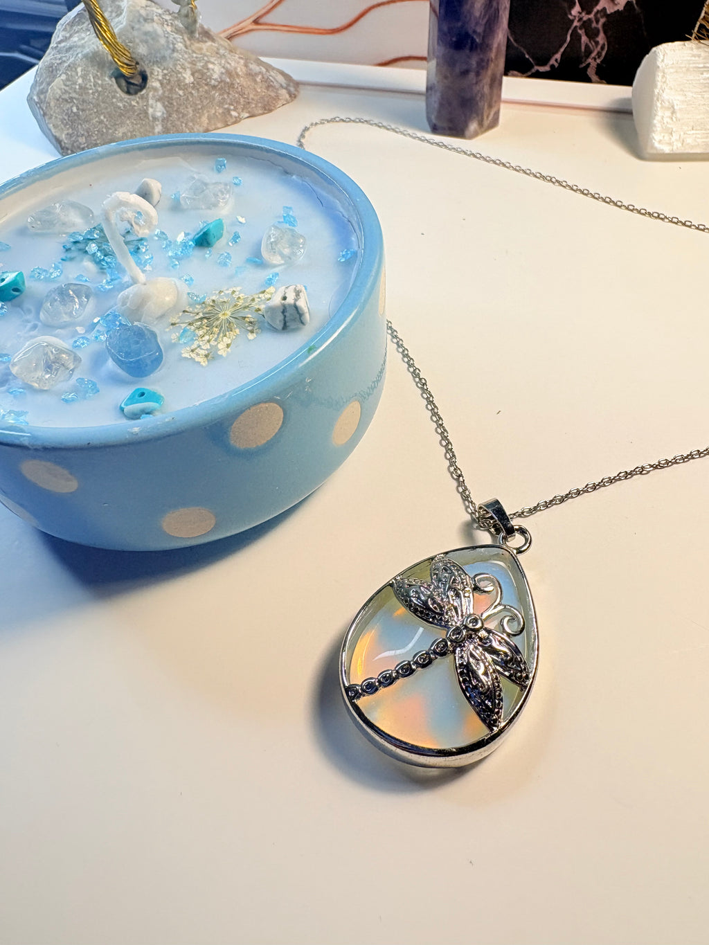 Opalite Dragonfly Necklace & Crystal-Infused Blue Candle – Spiritual Gift Set