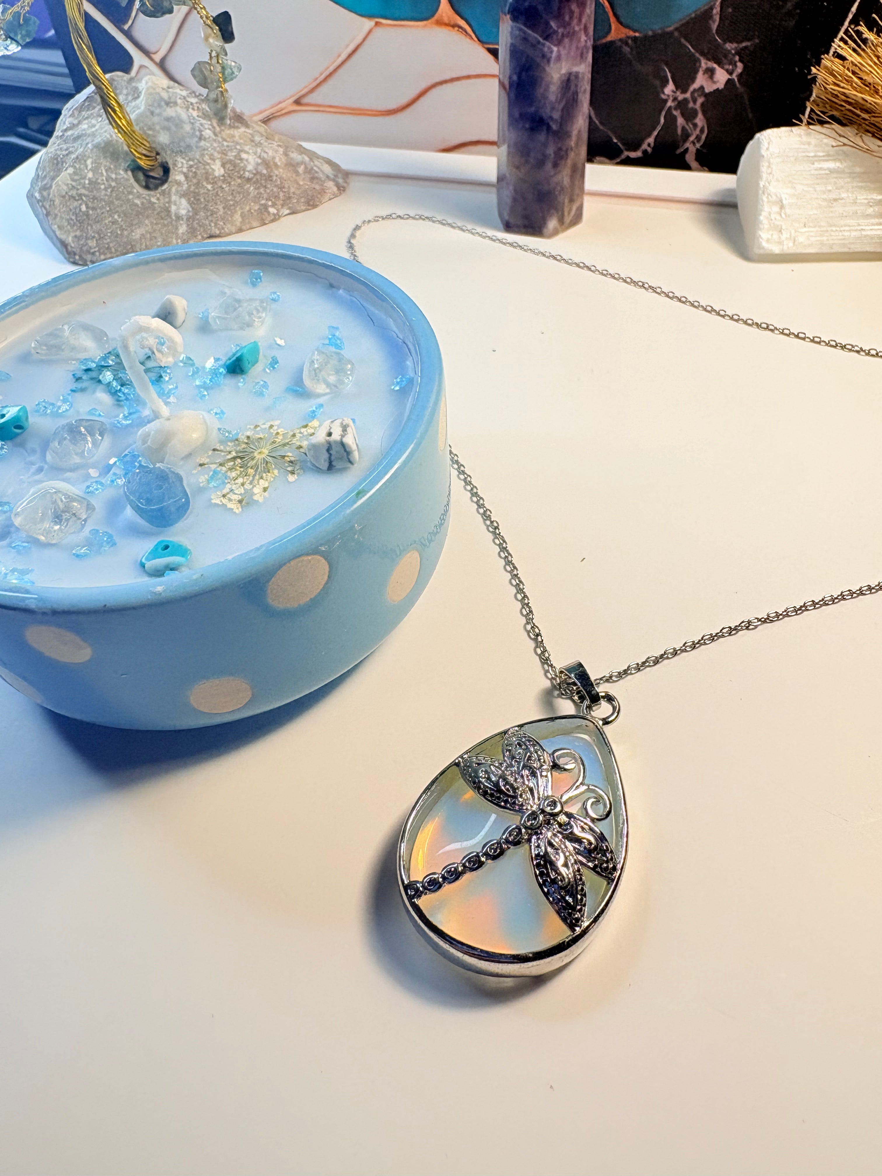 Opalite Dragonfly Necklace & Crystal-Infused Blue Candle – Spiritual Gift Set