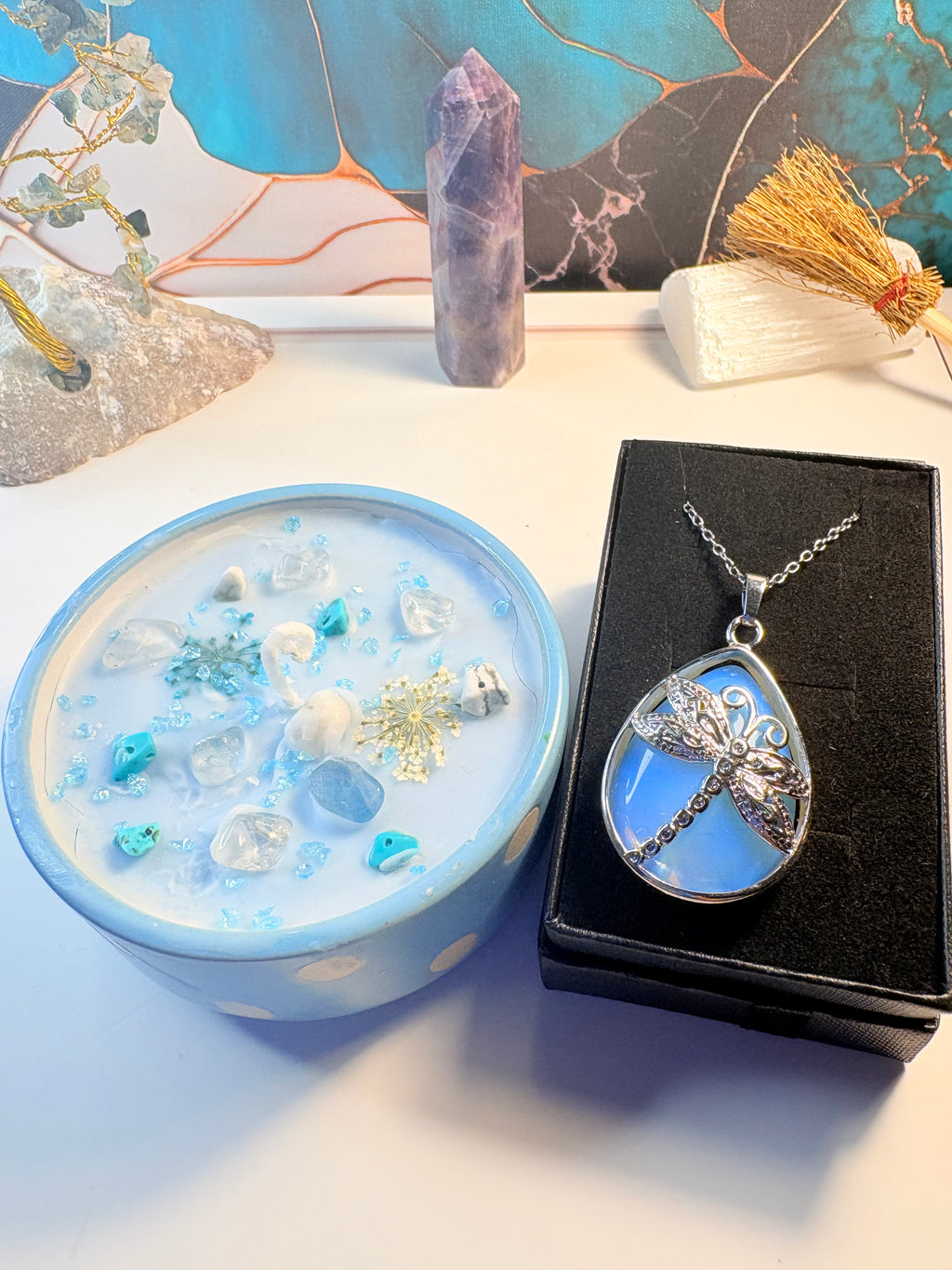 Opalite Dragonfly Necklace & Crystal-Infused Blue Candle – Spiritual Gift Set