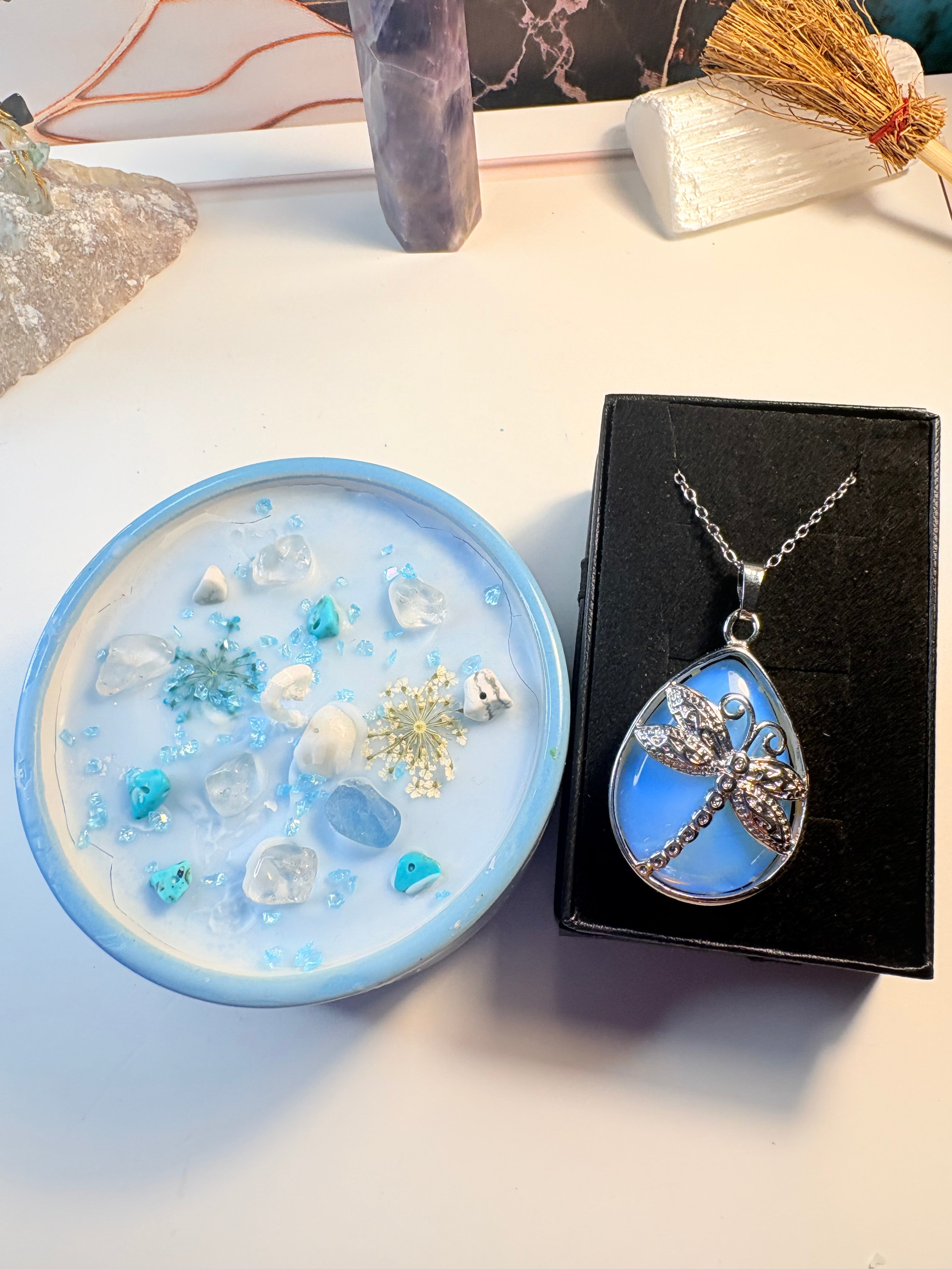 Opalite Dragonfly Necklace & Crystal-Infused Blue Candle – Spiritual Gift Set