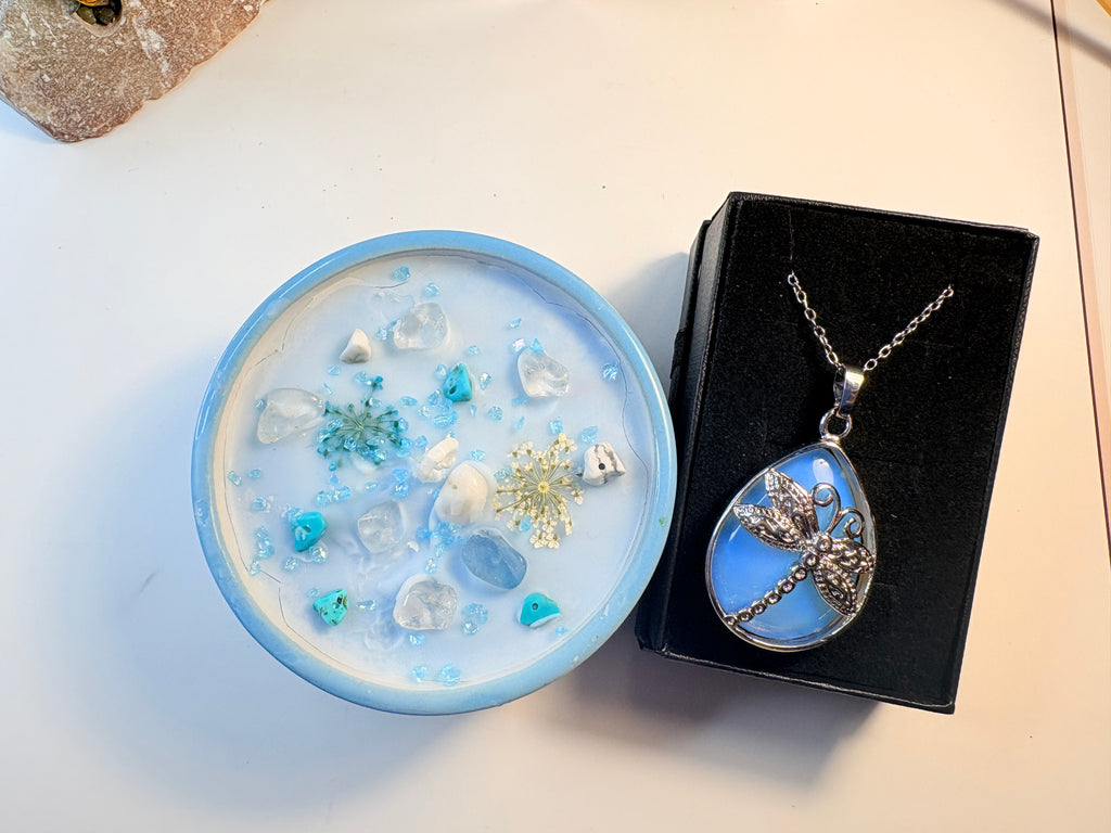 Opalite Dragonfly Necklace & Crystal-Infused Blue Candle – Spiritual Gift Set