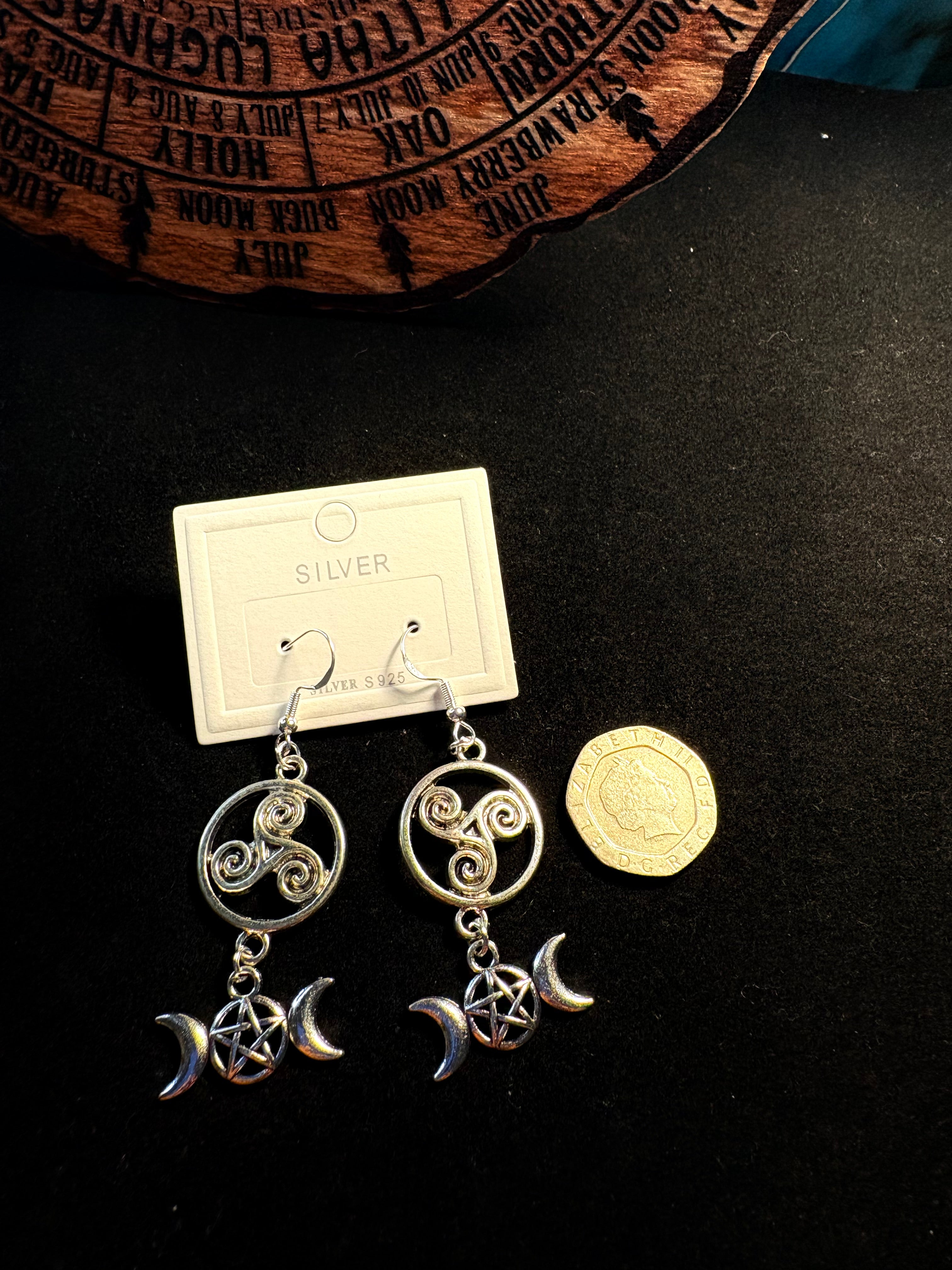 Triple Moon & Pentacle Earrings | Sterling Silver S925 Hooks | Witchy Jewellery