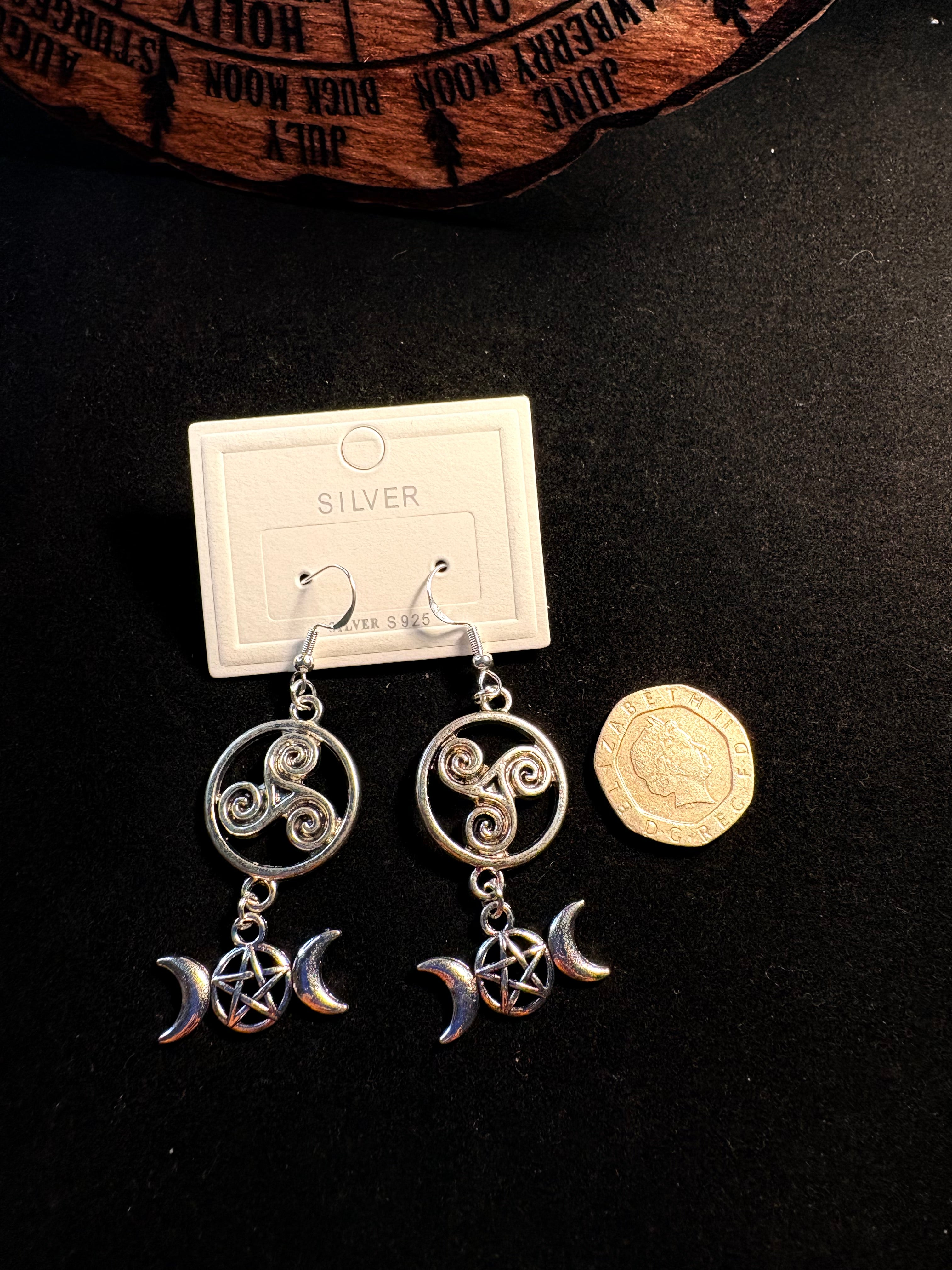 Triple Moon & Pentacle Earrings | Sterling Silver S925 Hooks | Witchy Jewellery