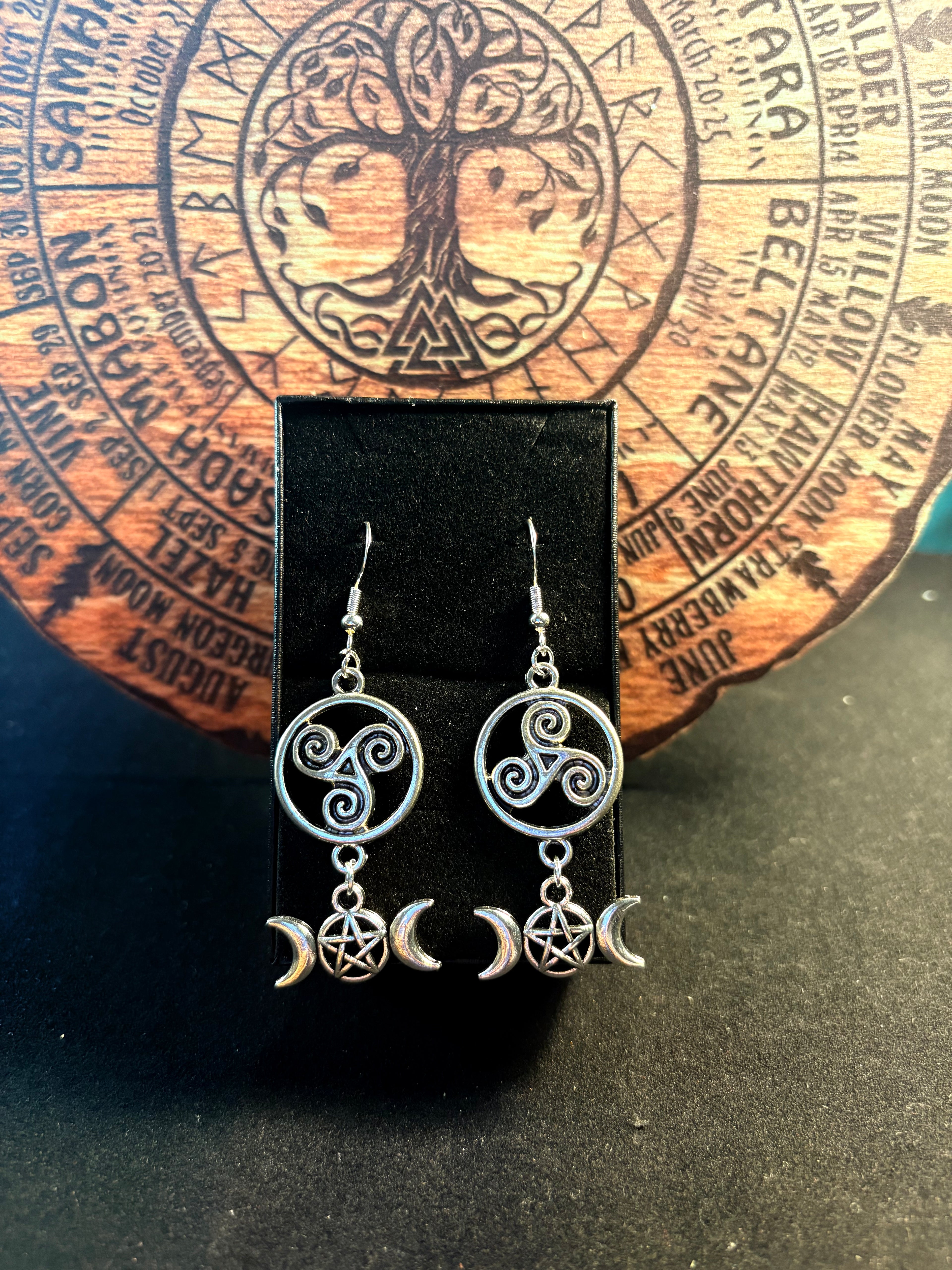 Triple Moon & Pentacle Earrings | Sterling Silver S925 Hooks | Witchy Jewellery