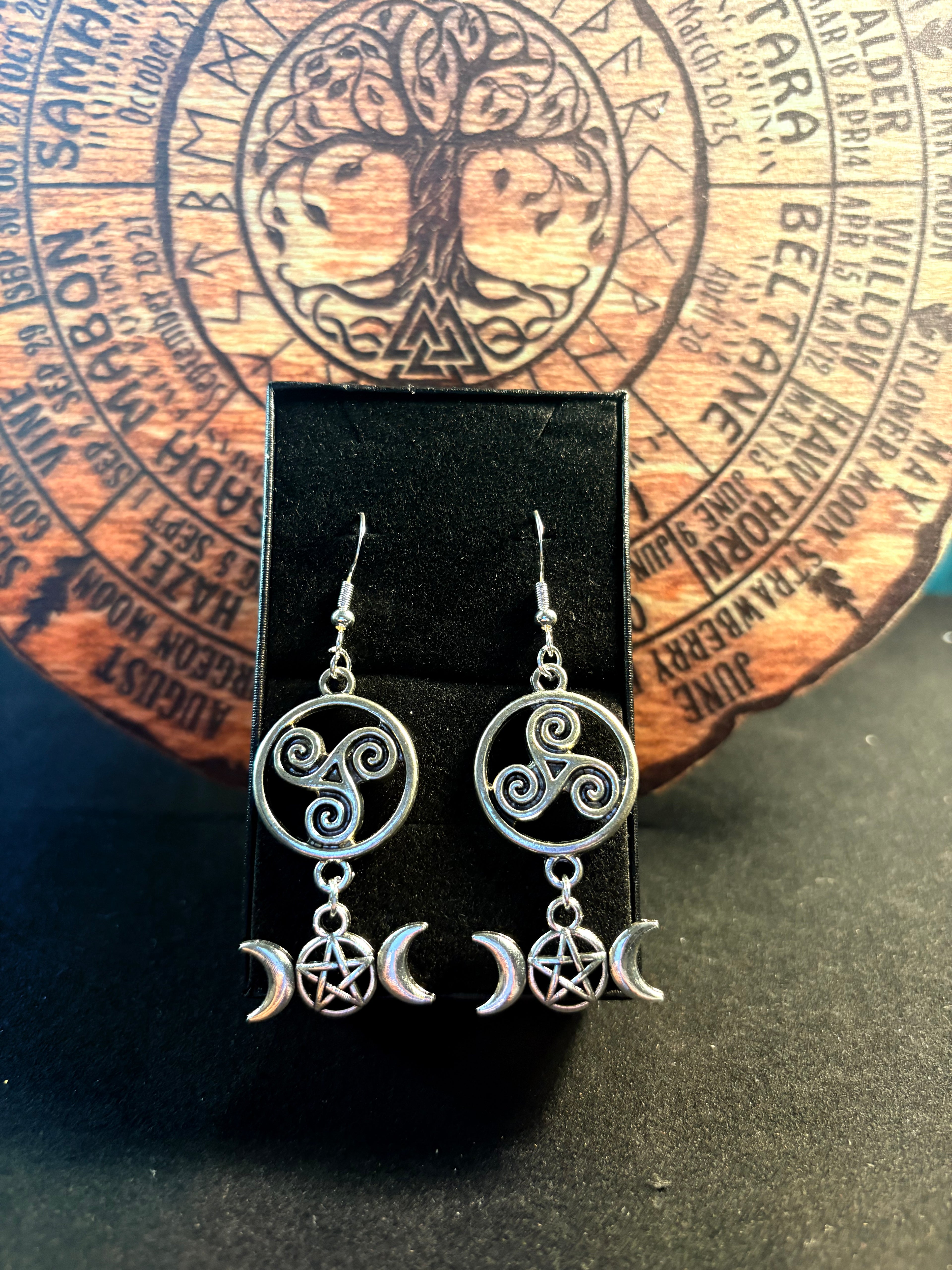 Triple Moon & Pentacle Earrings | Sterling Silver S925 Hooks | Witchy Jewellery