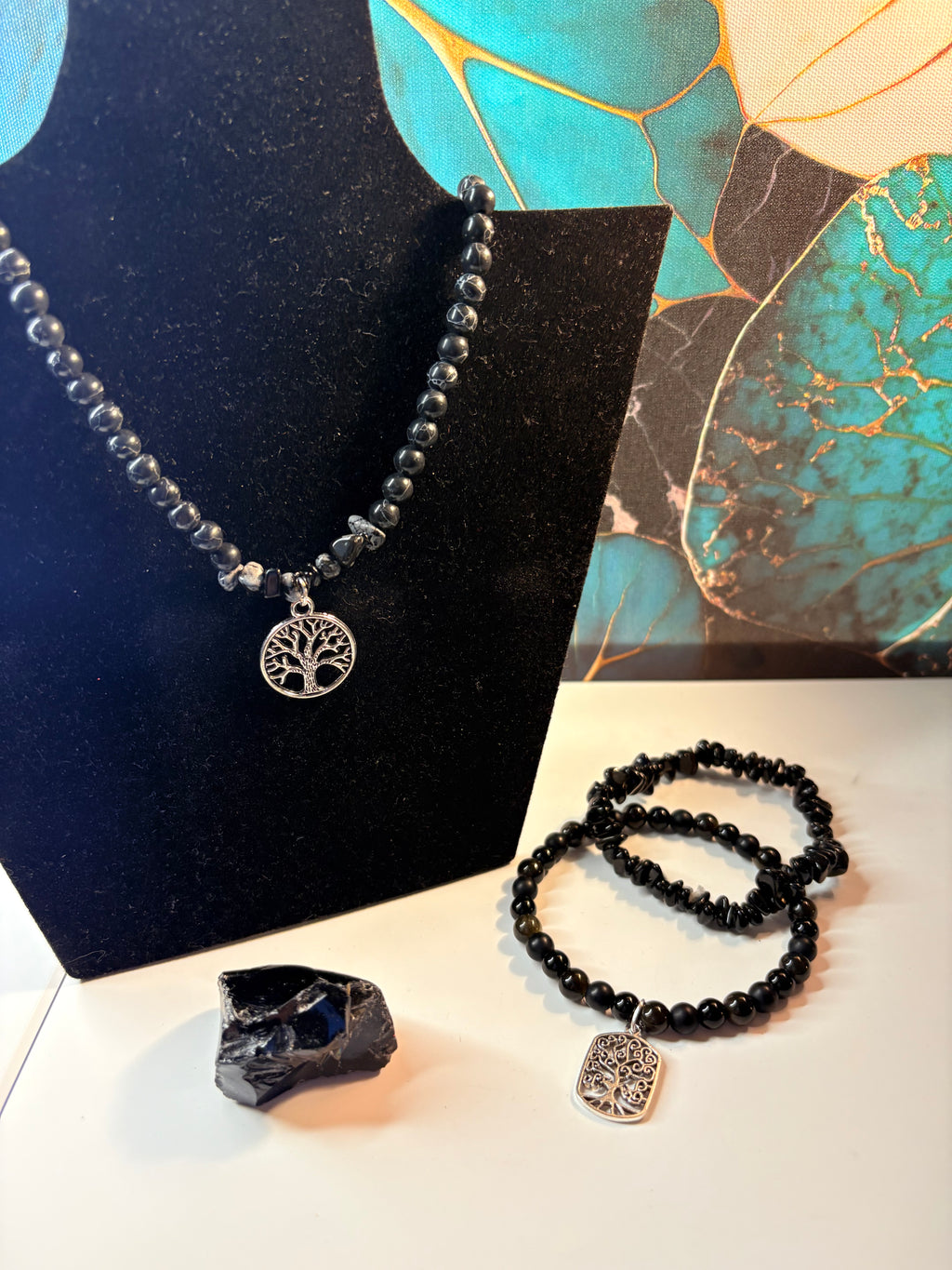 Black Onyx Tree of Life Bracelet & Necklace Set with Onyx Stone