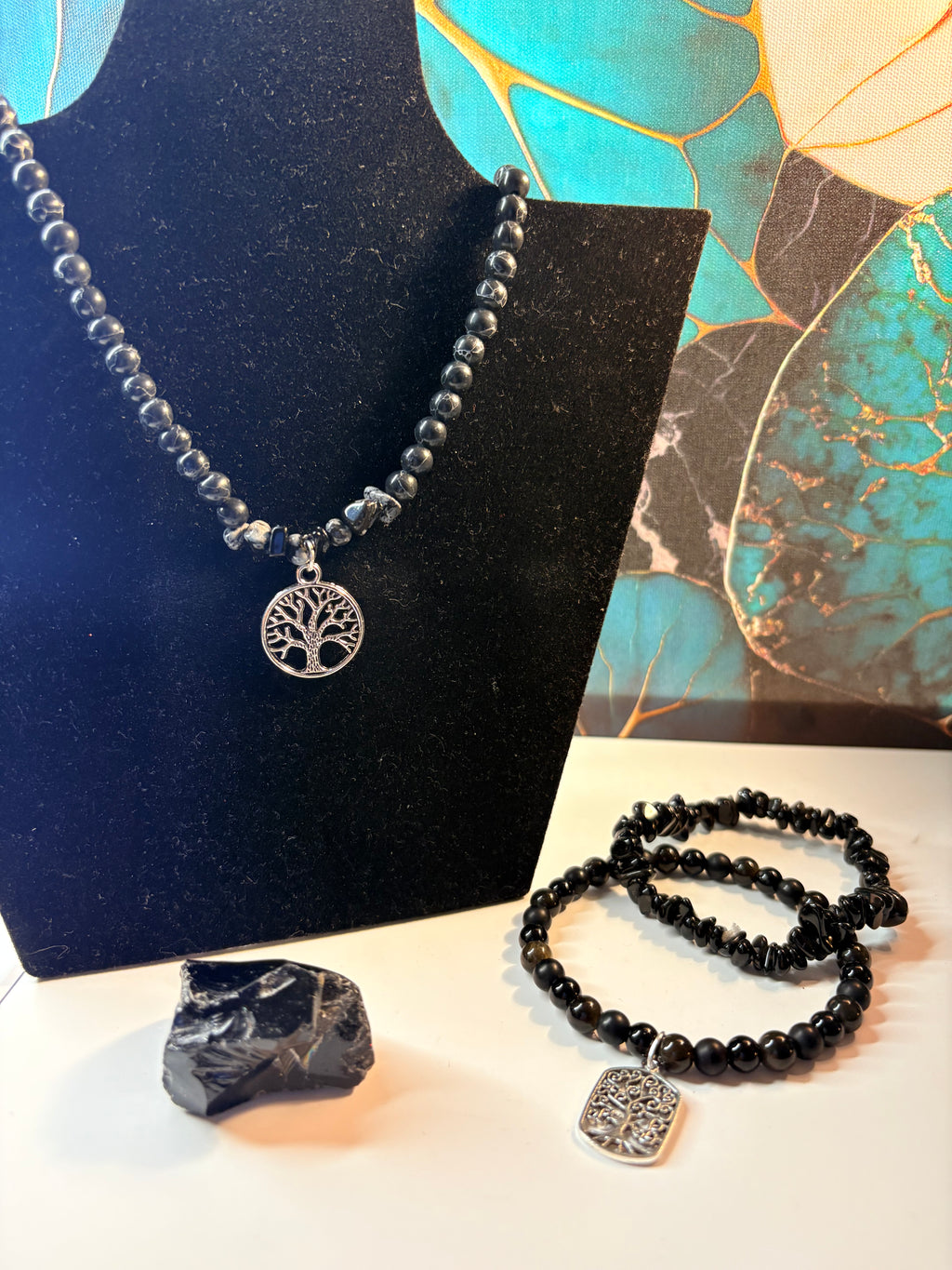 Black Onyx Tree of Life Bracelet & Necklace Set with Onyx Stone