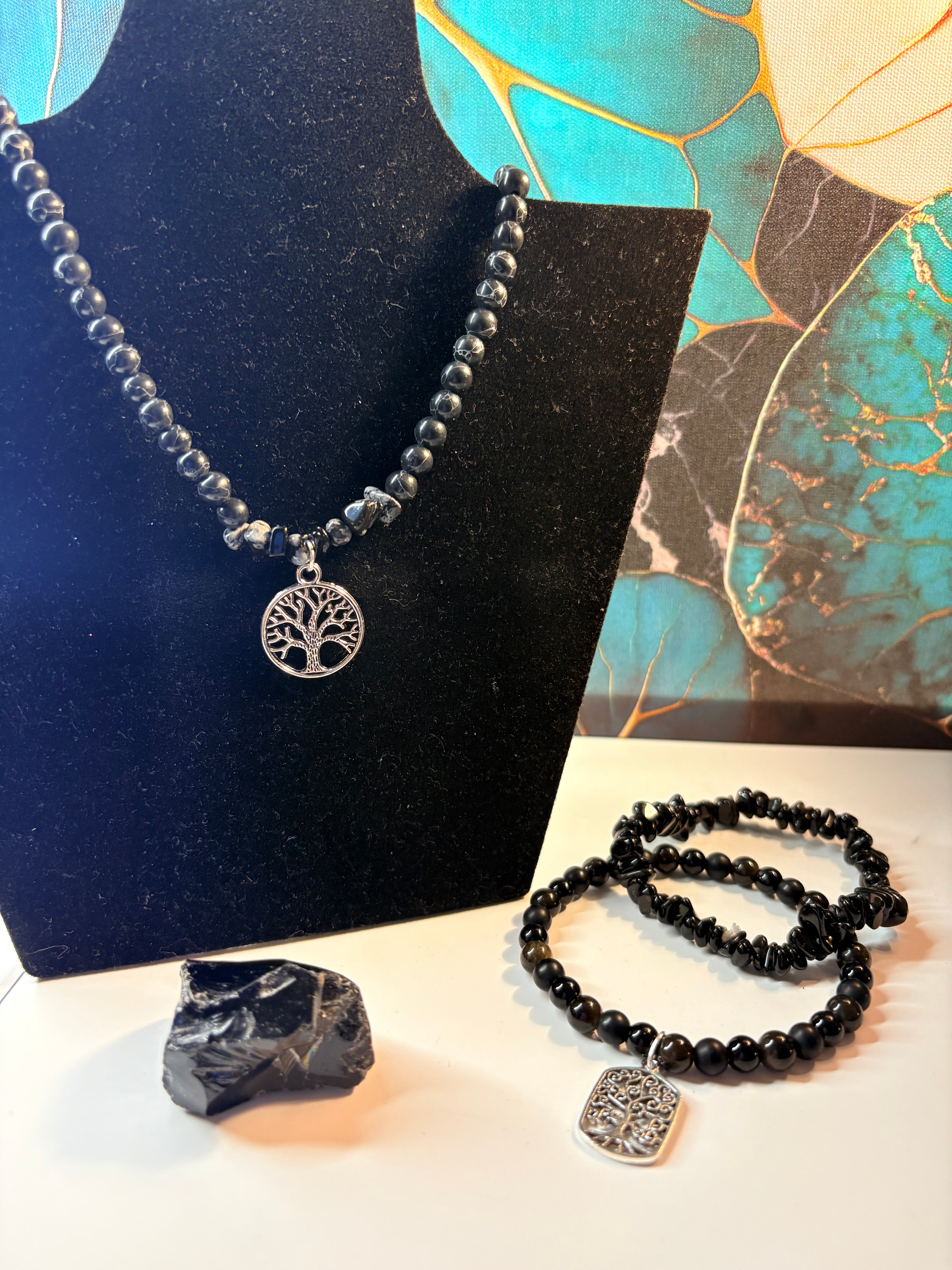Black Onyx Tree of Life Bracelet & Necklace Set with Onyx Stone