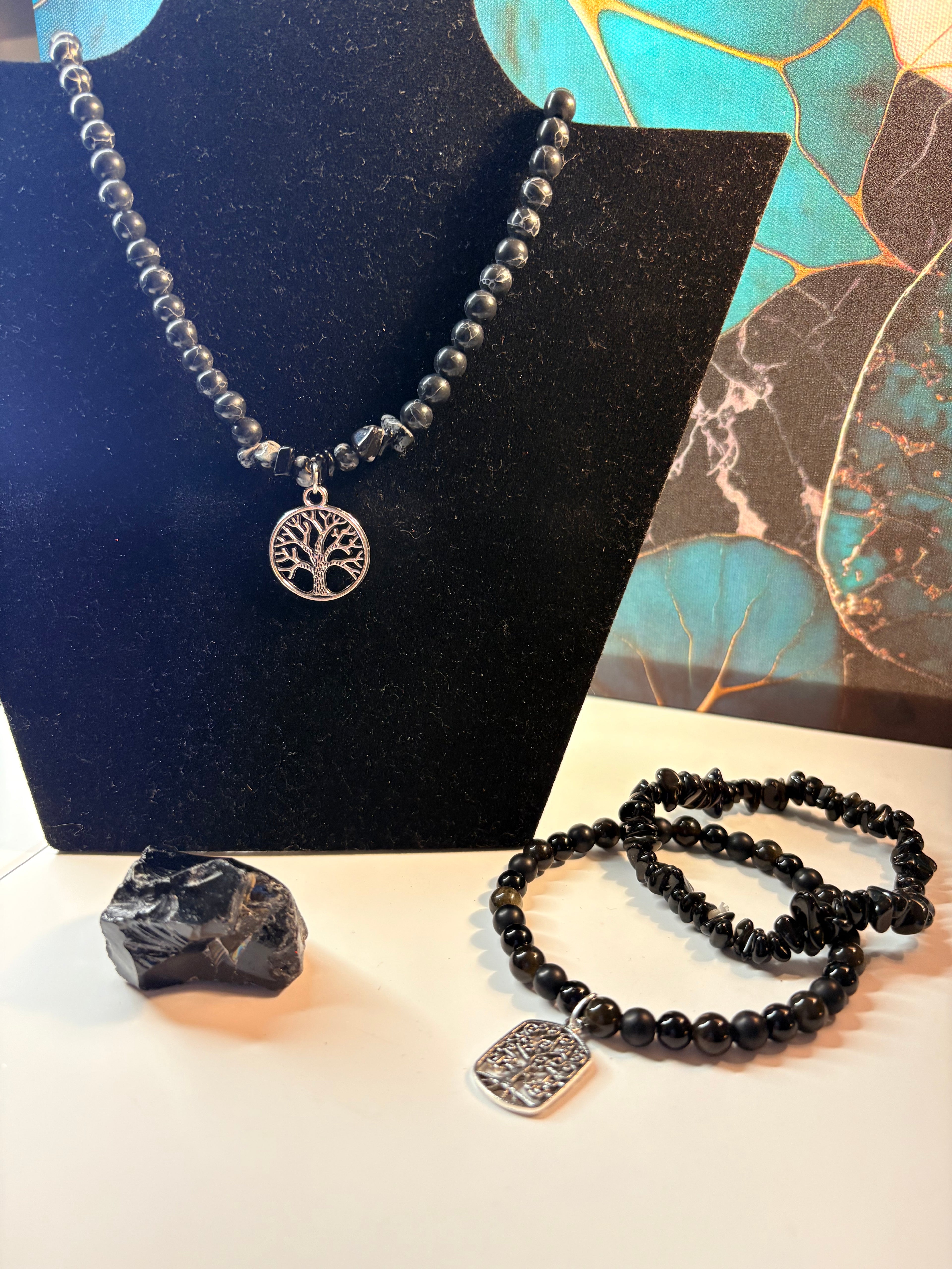 Black Onyx Tree of Life Bracelet & Necklace Set with Onyx Stone
