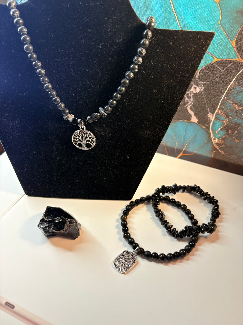 Black Onyx Tree of Life Bracelet & Necklace Set with Onyx Stone