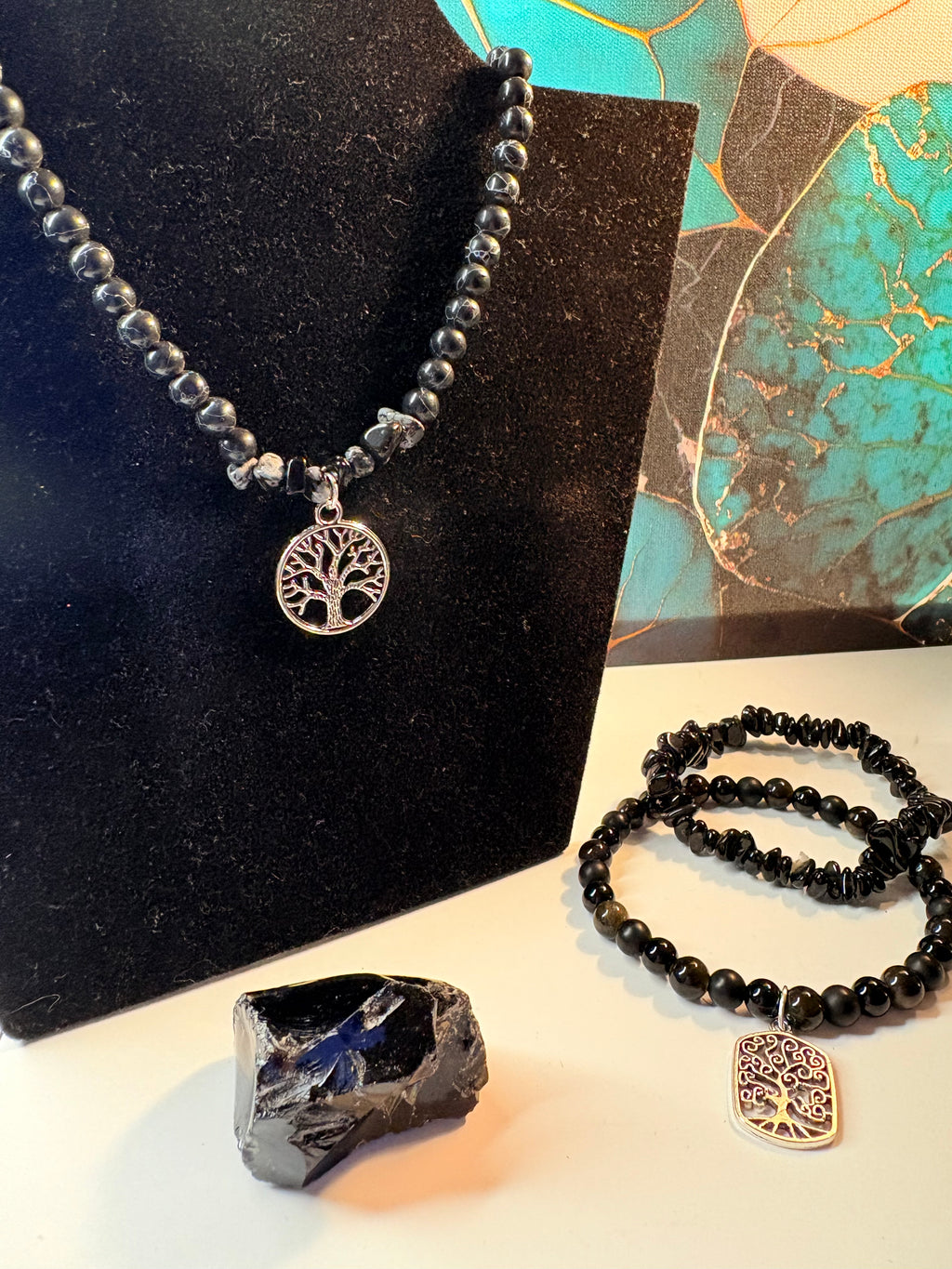 Black Onyx Tree of Life Bracelet & Necklace Set with Onyx Stone