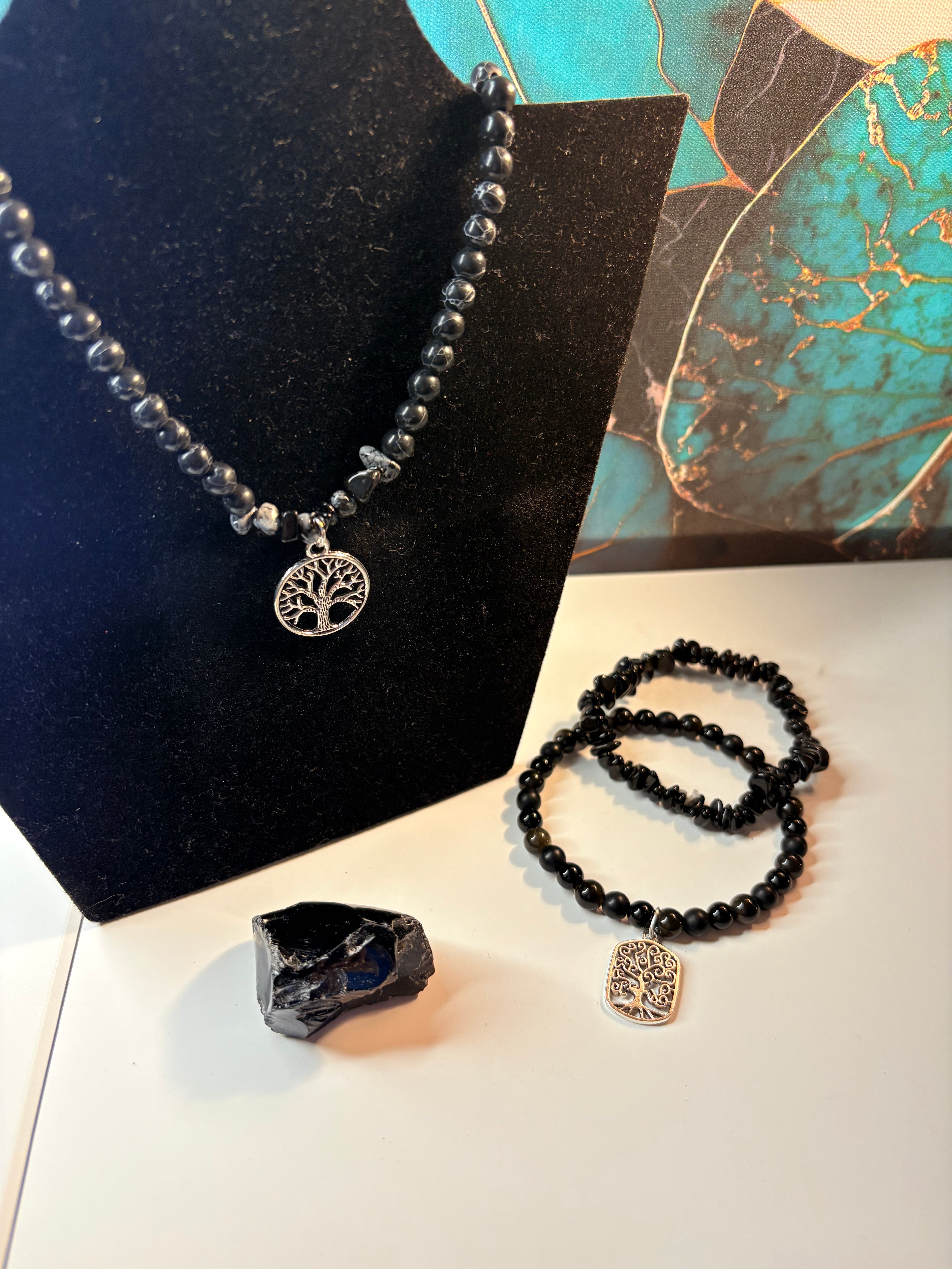 Black Onyx Tree of Life Bracelet & Necklace Set with Onyx Stone