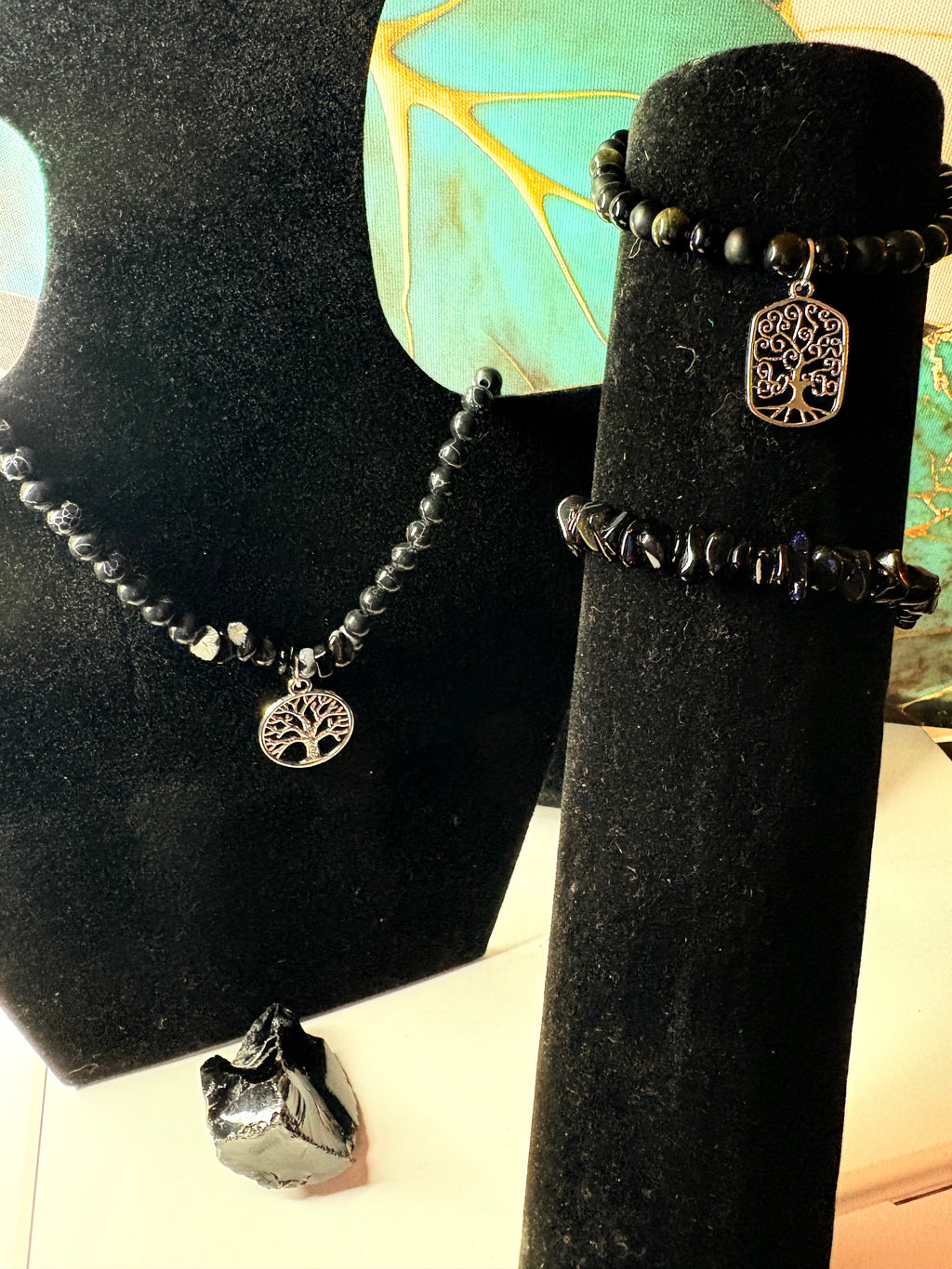 Black Onyx Tree of Life Bracelet & Necklace Set with Onyx Stone