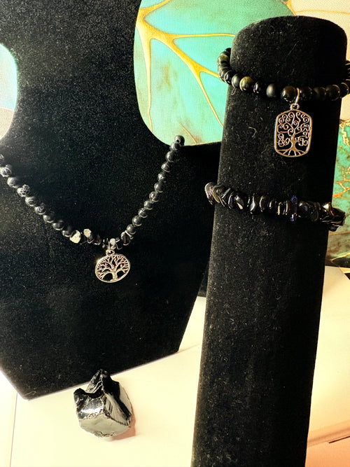 Black Onyx Tree of Life Bracelet & Necklace Set with Onyx Stone