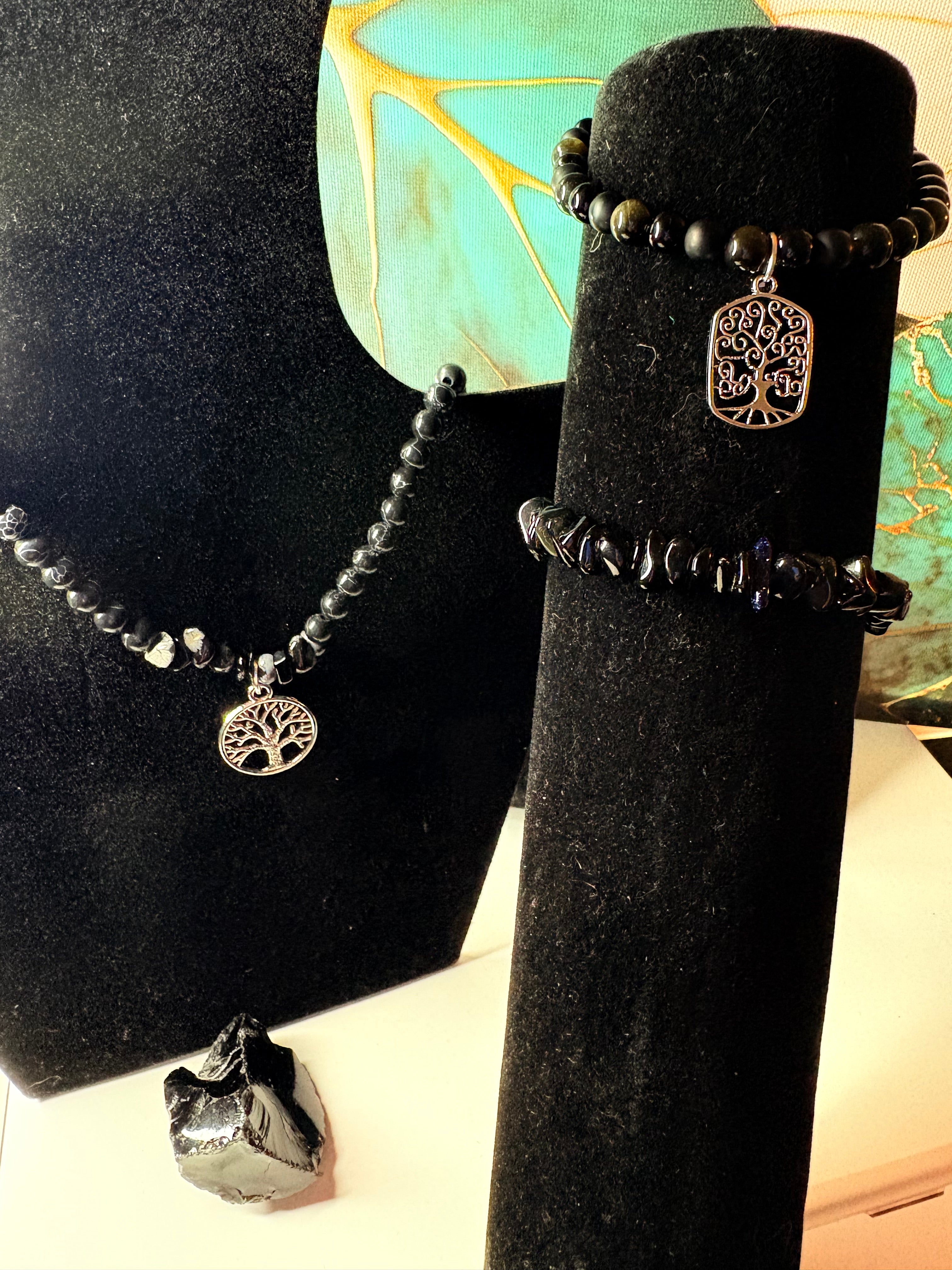 Black Onyx Tree of Life Bracelet & Necklace Set with Onyx Stone