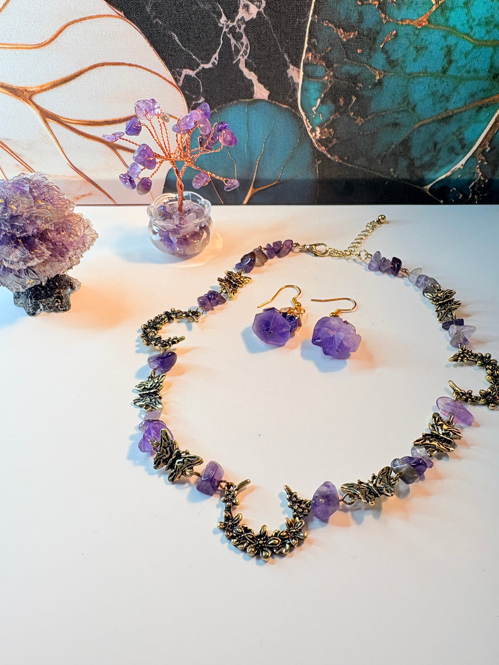 Amethyst Crystal Bundle – Necklace, Earrings & Crystal Trees