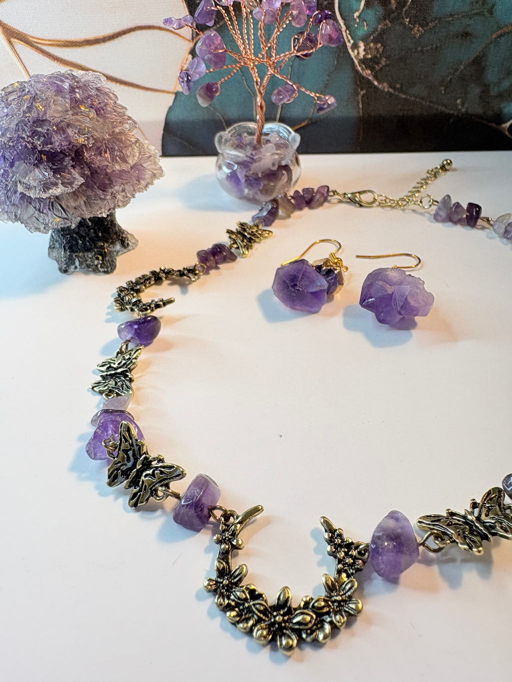 Amethyst Crystal Bundle – Necklace, Earrings & Crystal Trees