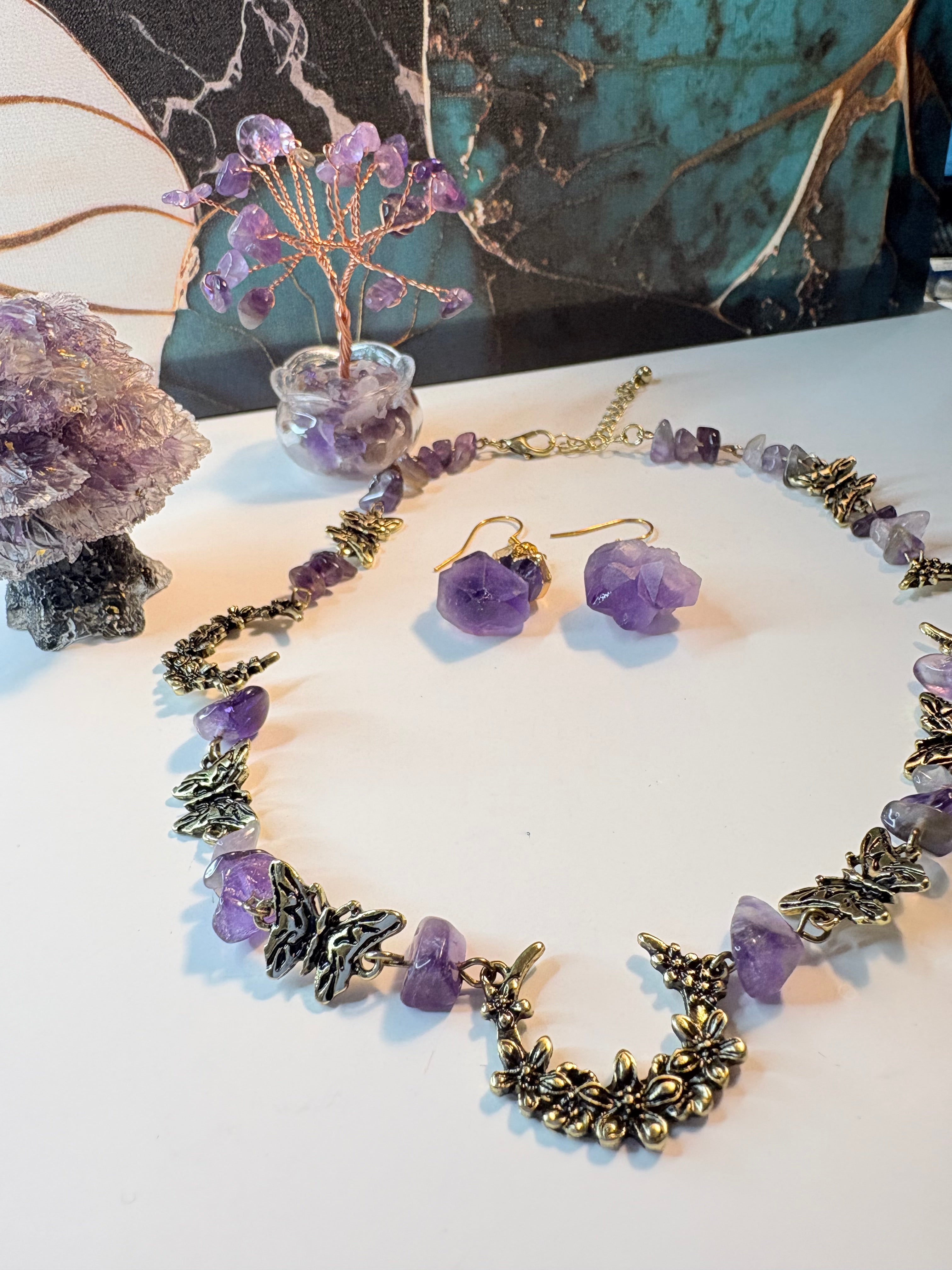 Amethyst Crystal Bundle – Necklace, Earrings & Crystal Trees