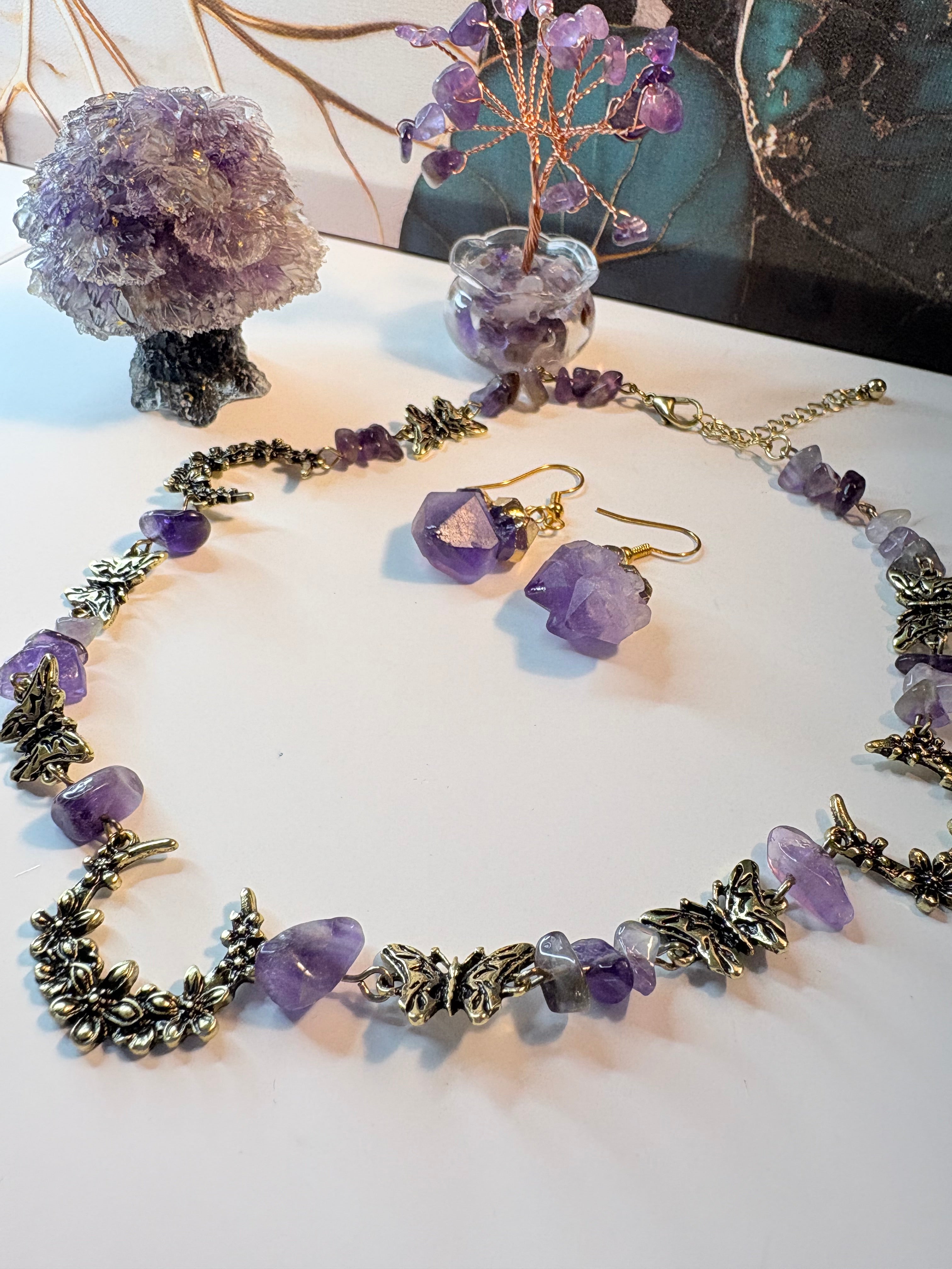 Amethyst Crystal Bundle – Necklace, Earrings & Crystal Trees