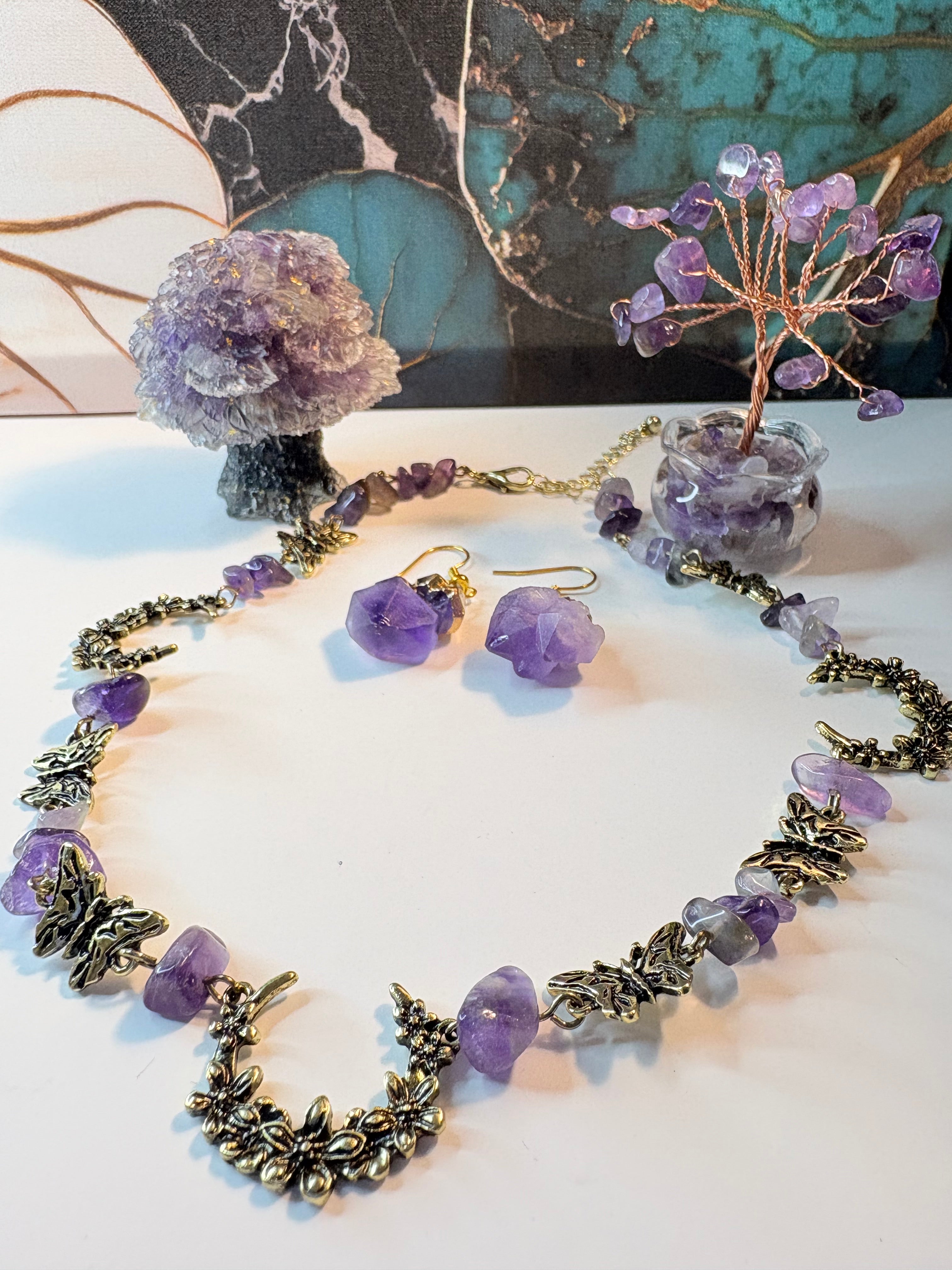 Amethyst Crystal Bundle – Necklace, Earrings & Crystal Trees