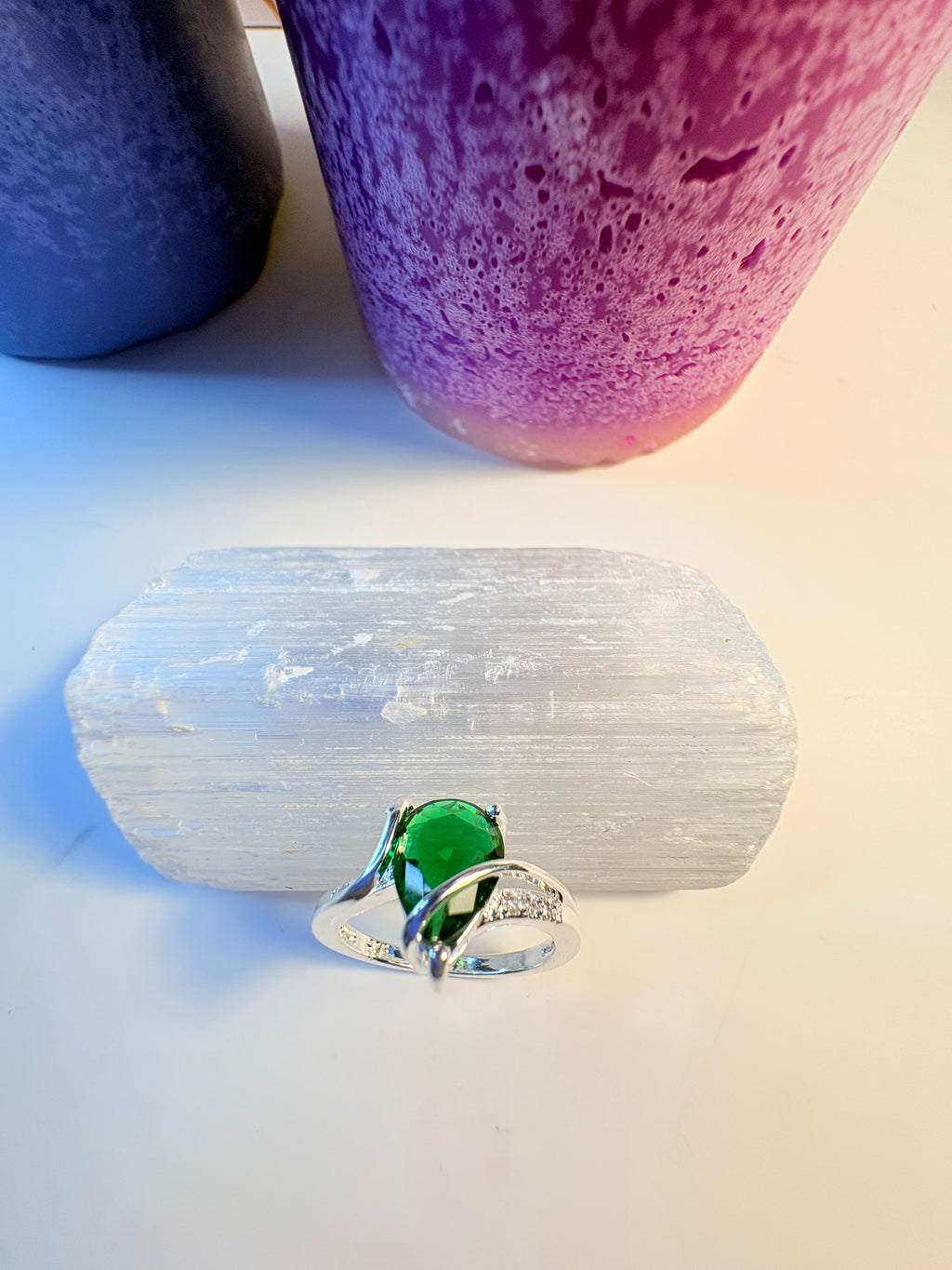 Green Crystal Ring – Sterling Silver S925 (Size 9)