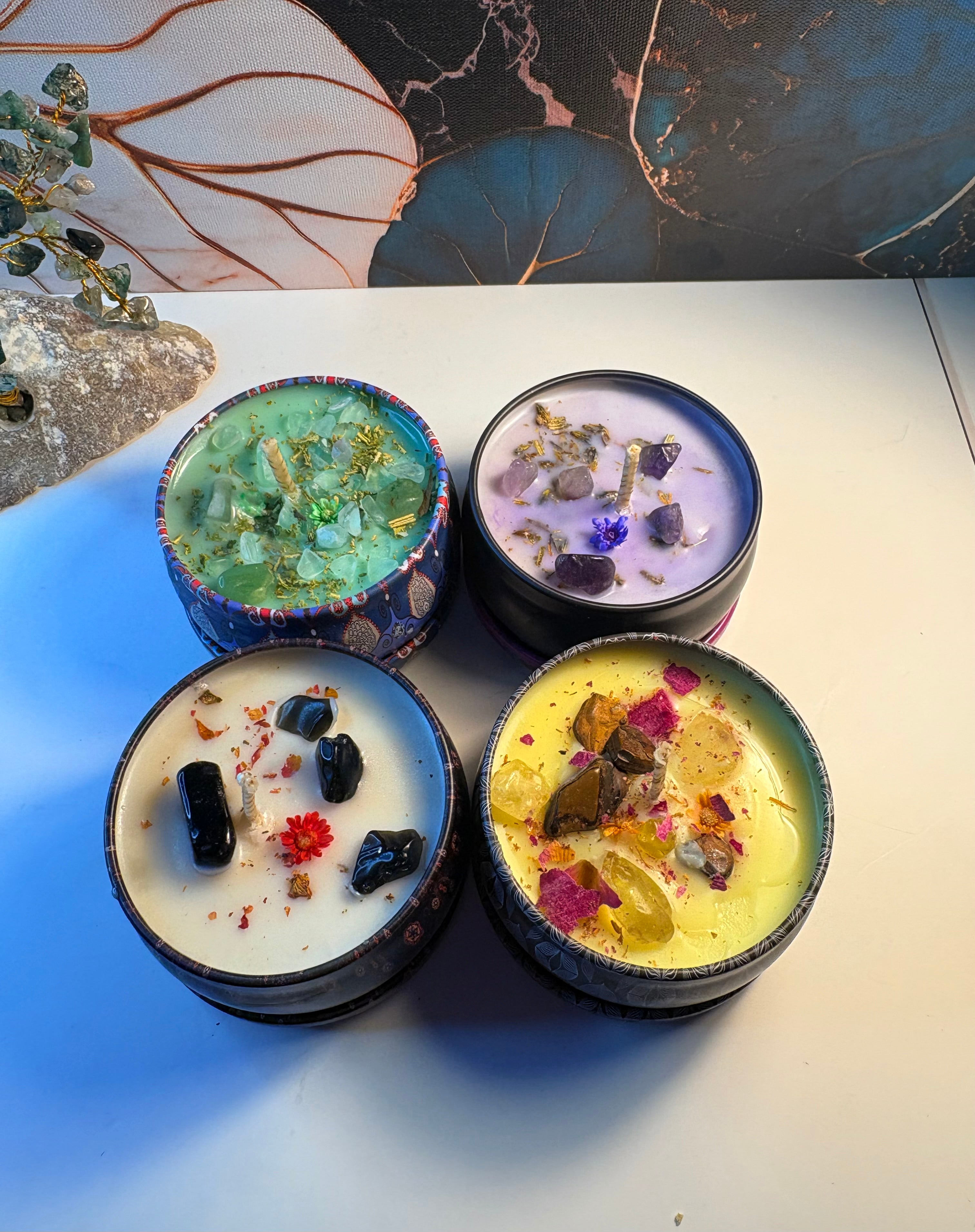🔮 Wiccan Crystal Candle Set – 4 Scented & Crystal-Infused Ritual Candles