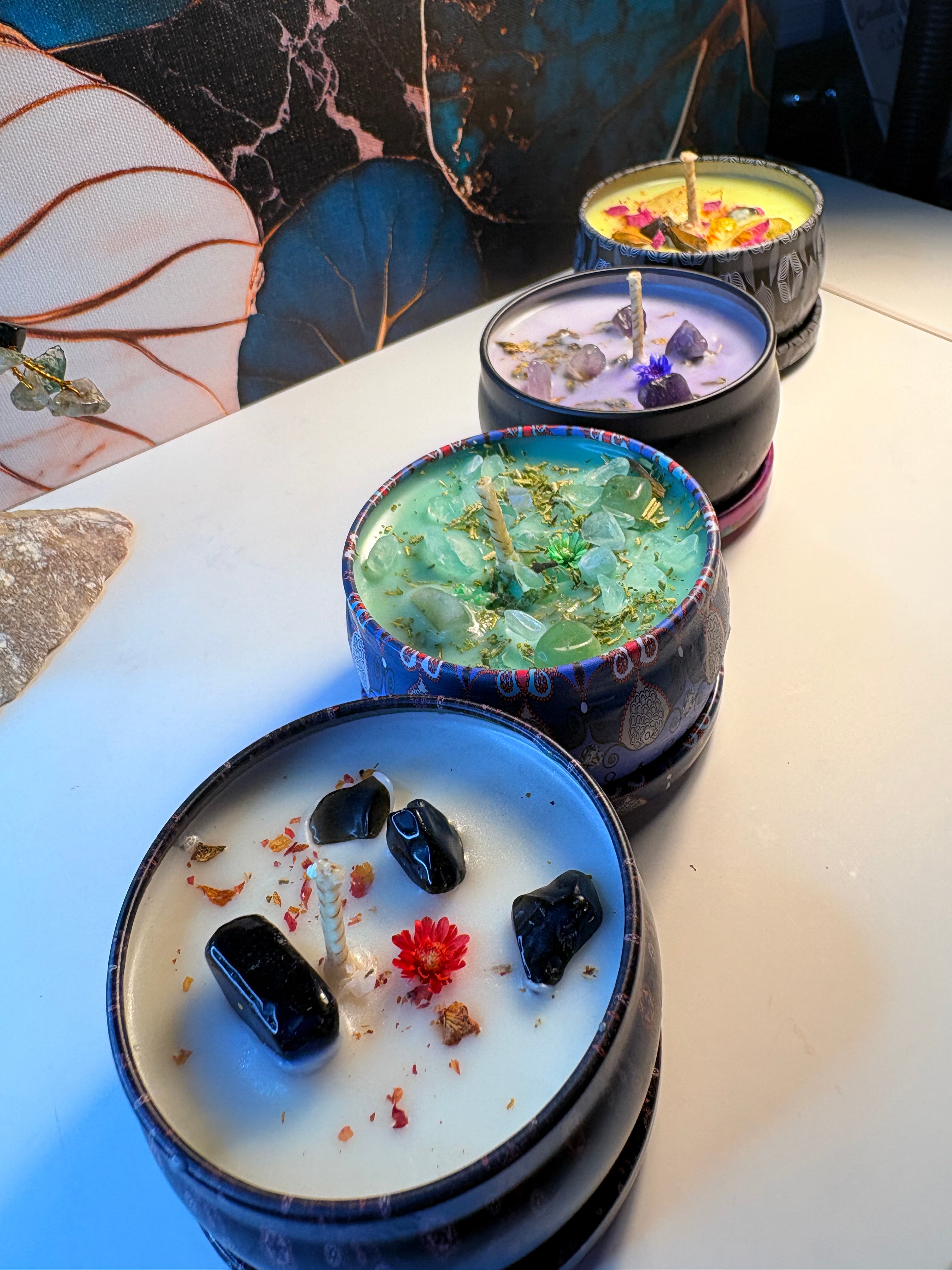 🔮 Wiccan Crystal Candle Set – 4 Scented & Crystal-Infused Ritual Candles