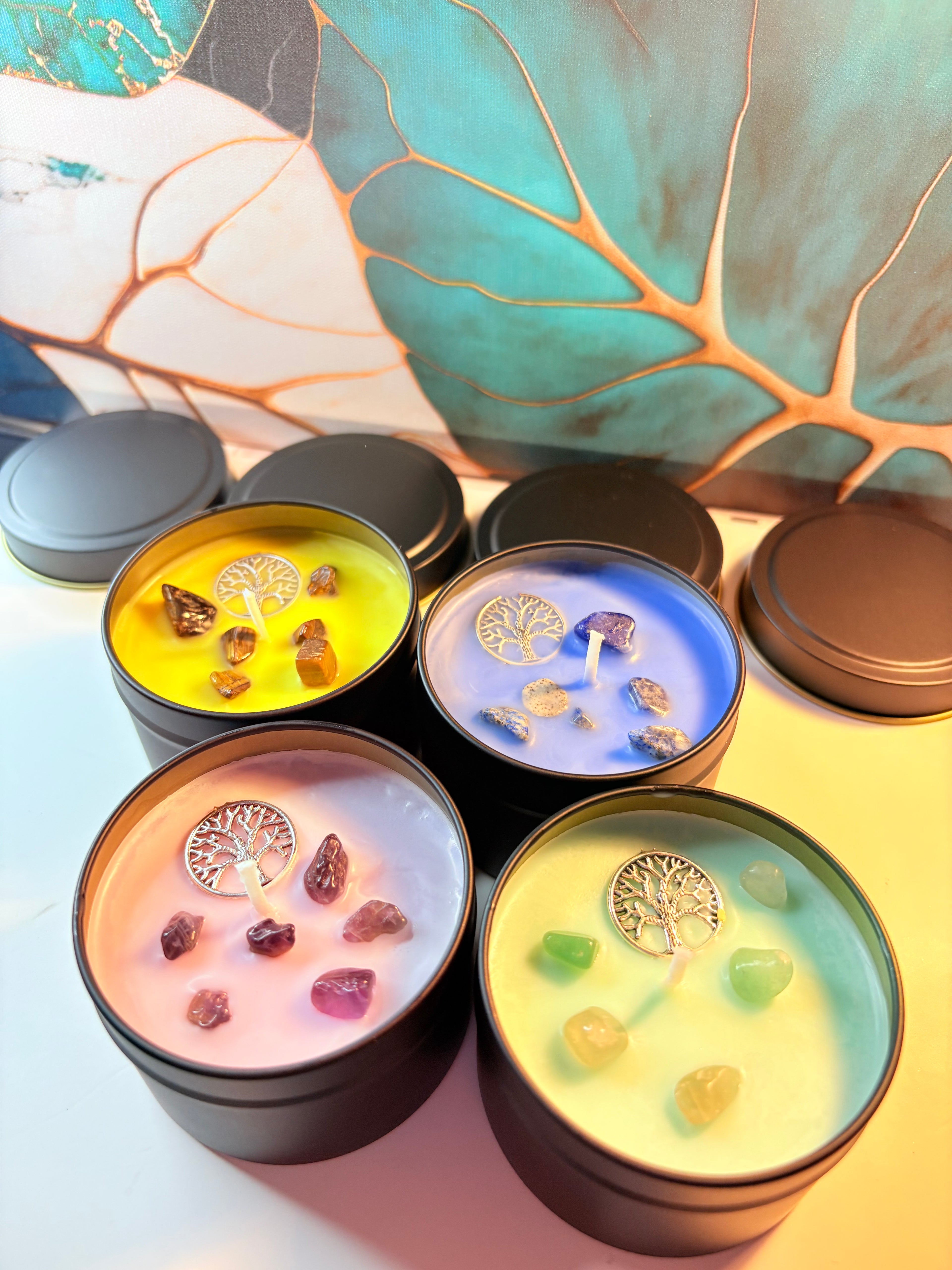 🌳 Crystal Candle Collection – 4 × Scented Soy Candles (Crystal-Infused)